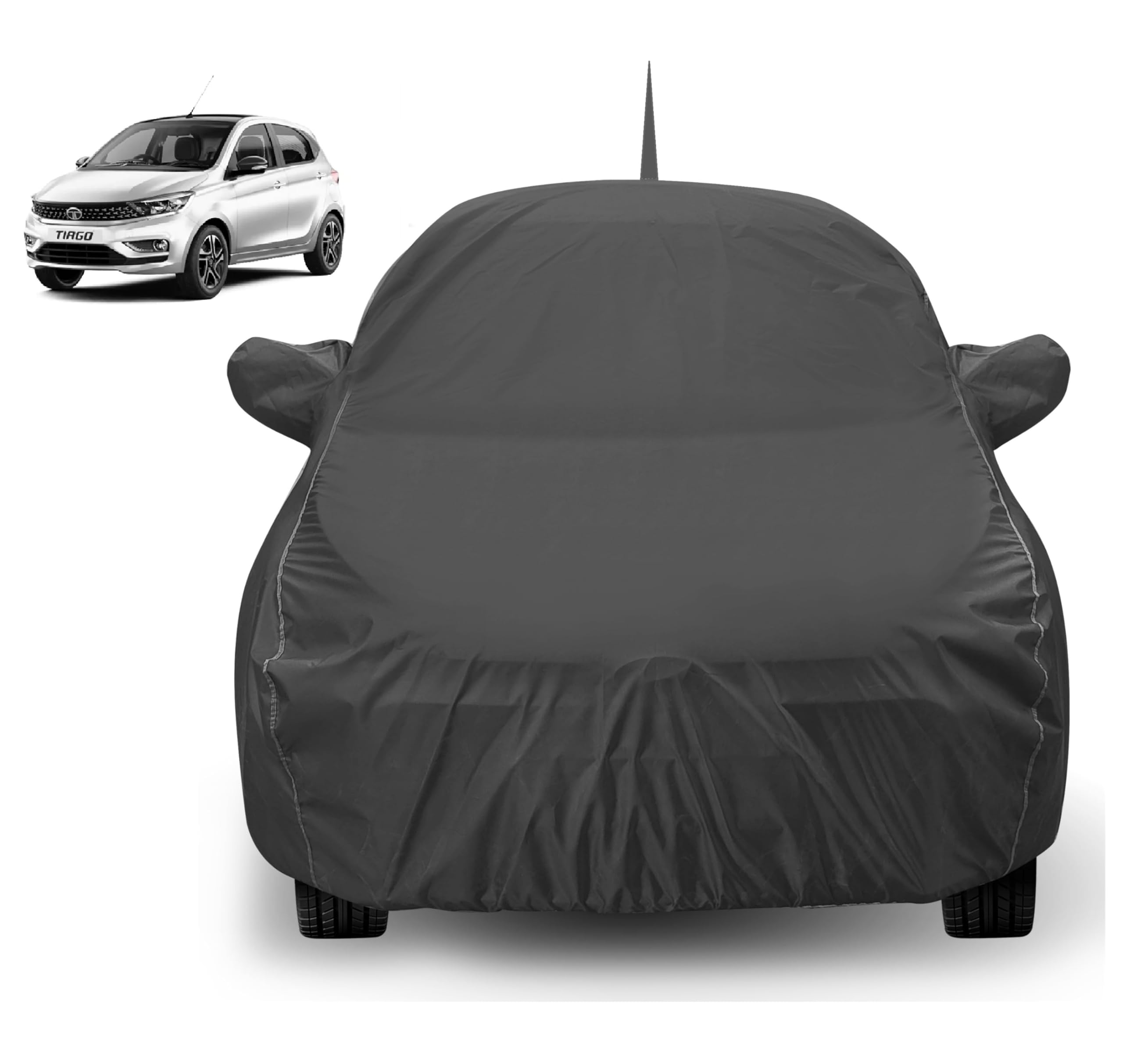 Auto Hub Car Cover Compatible with Tata Tiago with Mirror & Front Antenna Pocket, Dustproof, Heat Resistant, Triple Stitched, Tiago Cover for Car- Grey