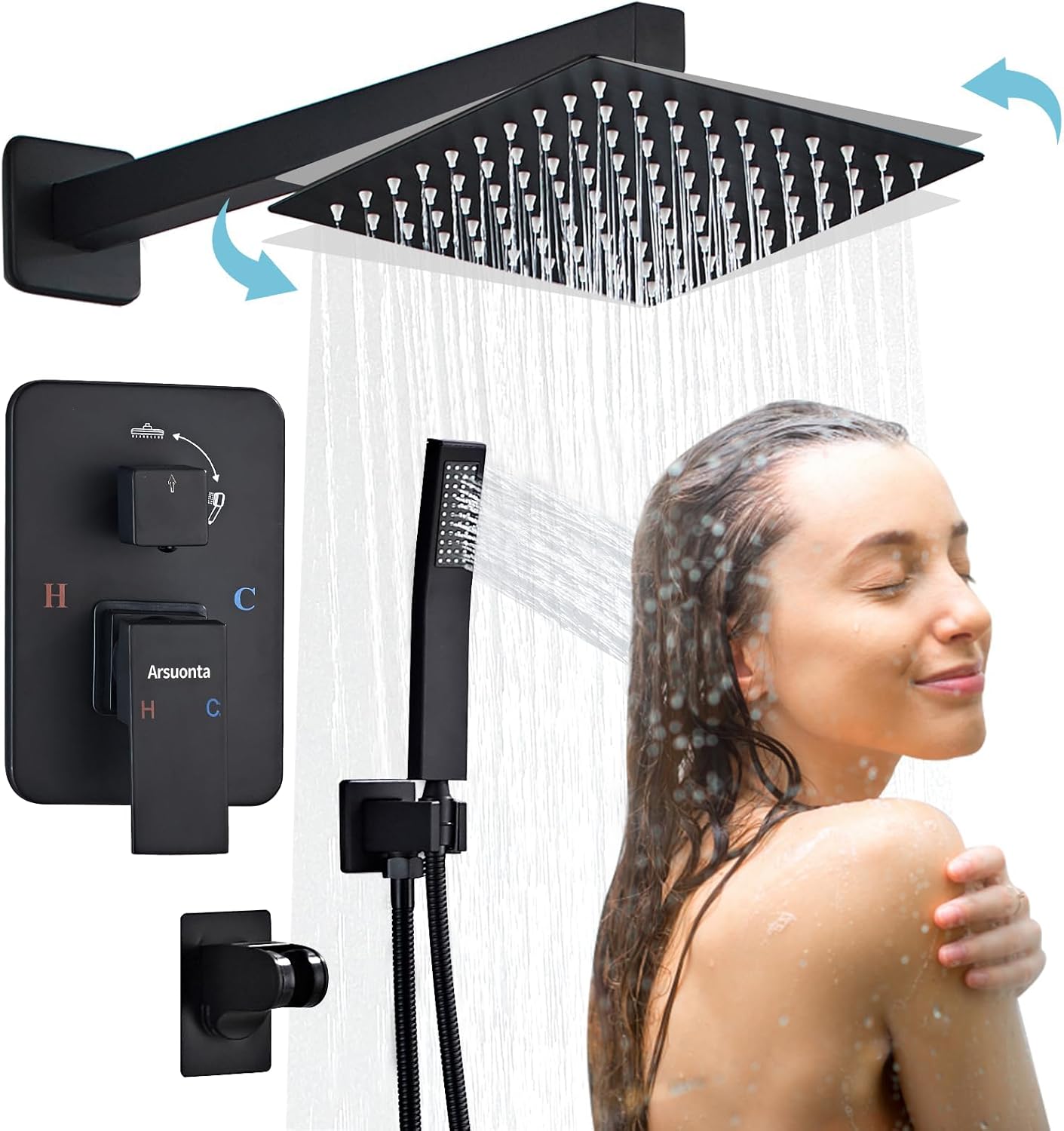 Shower Faucet Set,10 Inch High Pressure Rainfall and Handheld Shower Heads Combo with Valve Trim Kit,Modern Bathroom Shower System,Complete with Rainfall Handheld Shower Heads,Matte Black