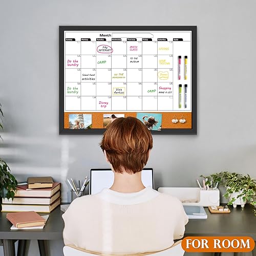 Miniatura 6 de Calendario mensual de pizarra blanca y tableros de corcho para paredes, pizarra magnética de borrado en seco de 23 x 17 pulgadas con marco de madera
