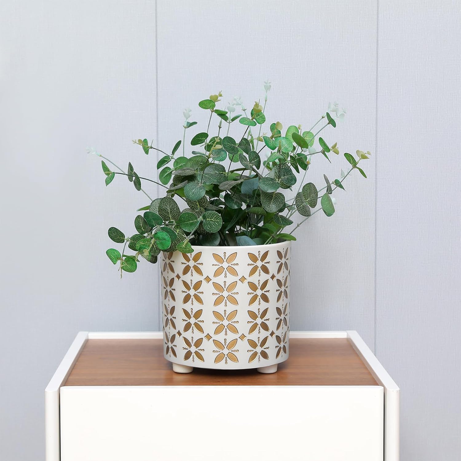 8 Inch Plants Pot, Planter for Indoor Plant, Indoor & Outdoor Flowerpot with Drainage Hole - for Decoration of Home Garden & Terrace, White & Gold