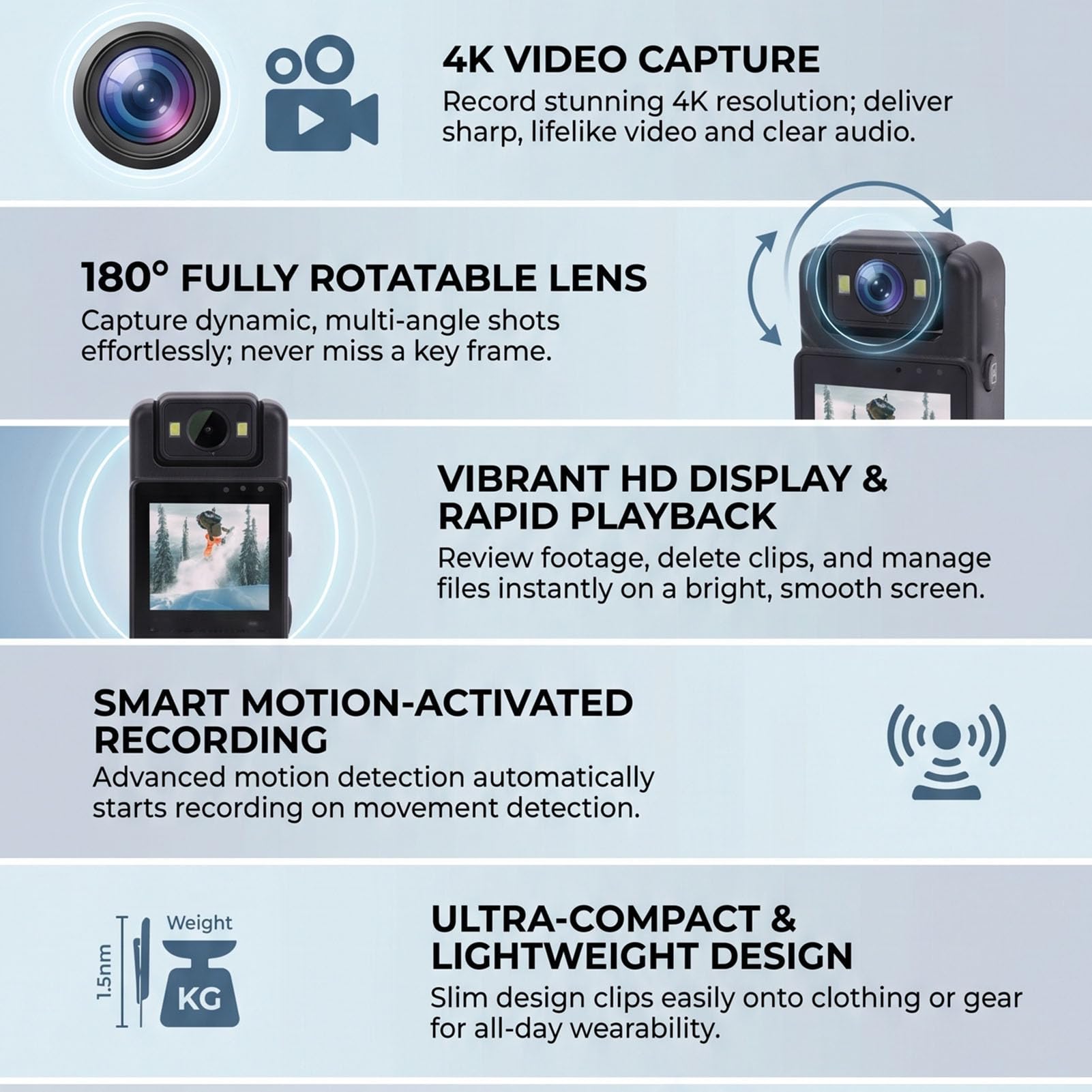 Fotocamera Indossabile 4K, Obiettivo Rotante a 180°, Rilevamento del Movimento, Action Cam Indossabile, Videoregistratore Portatile con WiFi e Display TFT per Vlogging, (128GB)