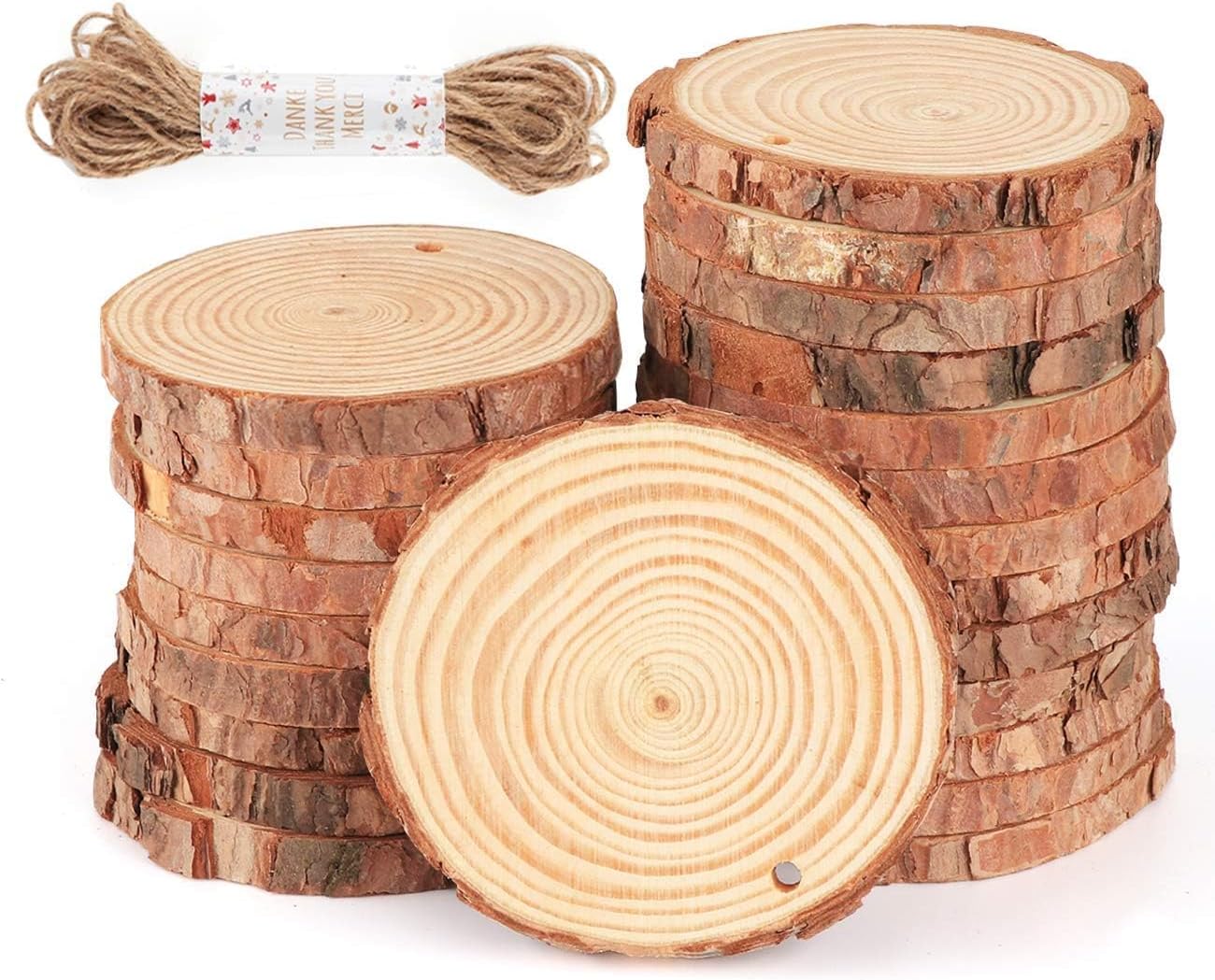 ilauke 30Pcs Natural Wood Slices, 3.1''-3.5'' Unfinished Wood Crafts | Wood Slices Ornaments for DIY Rustic Christmas Crafts Wooden Circles Coasters Wedding Decor, 33 Feet Twine