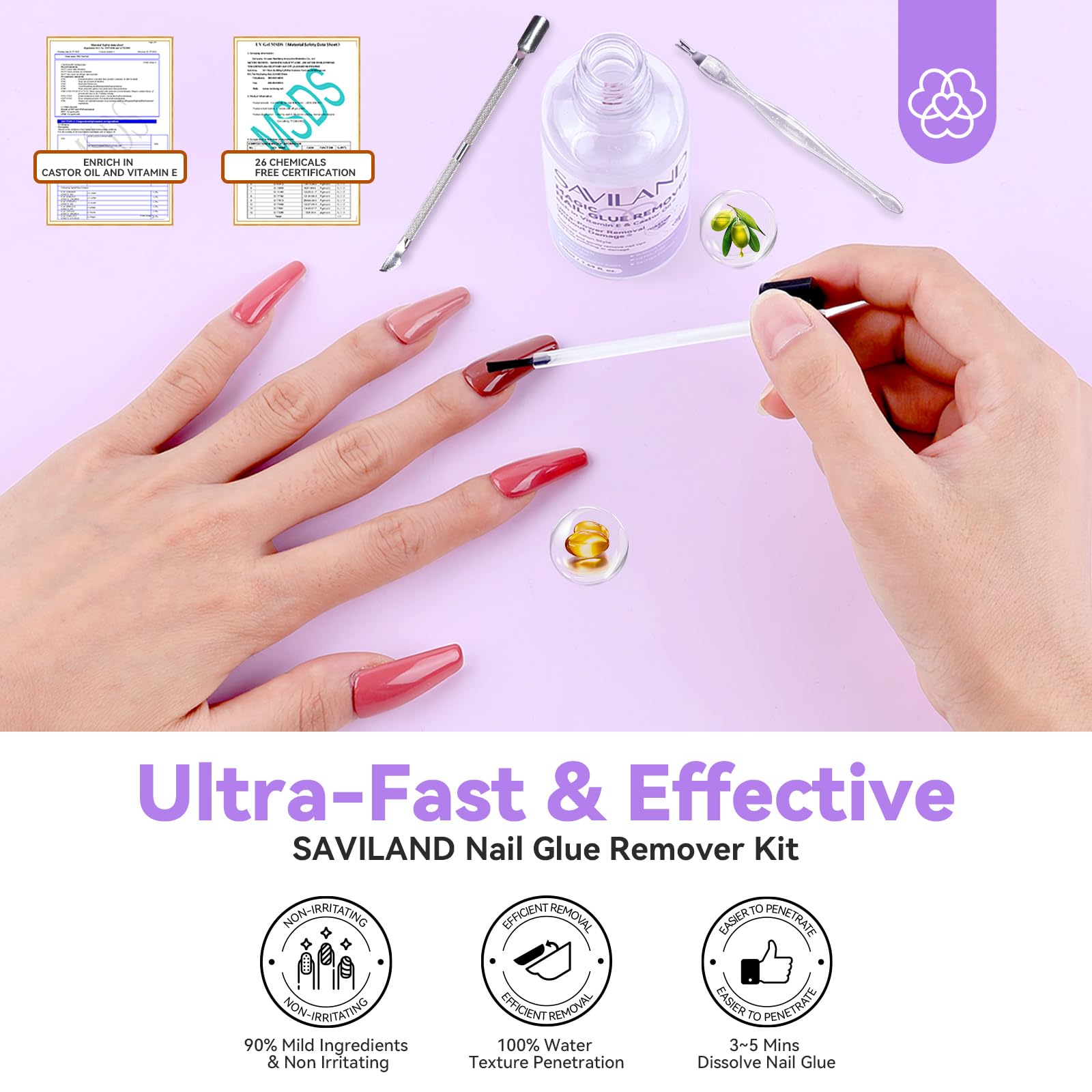 Saviland 50ml Rimuovi Colla per Unghie Finte: Capacità Elevata di Rimozione Felle Unghie False per Le punte Delle Unghie Finte di Ricino Vitamina E Colla per Unghie con Forcella Spingitrice Cuticola