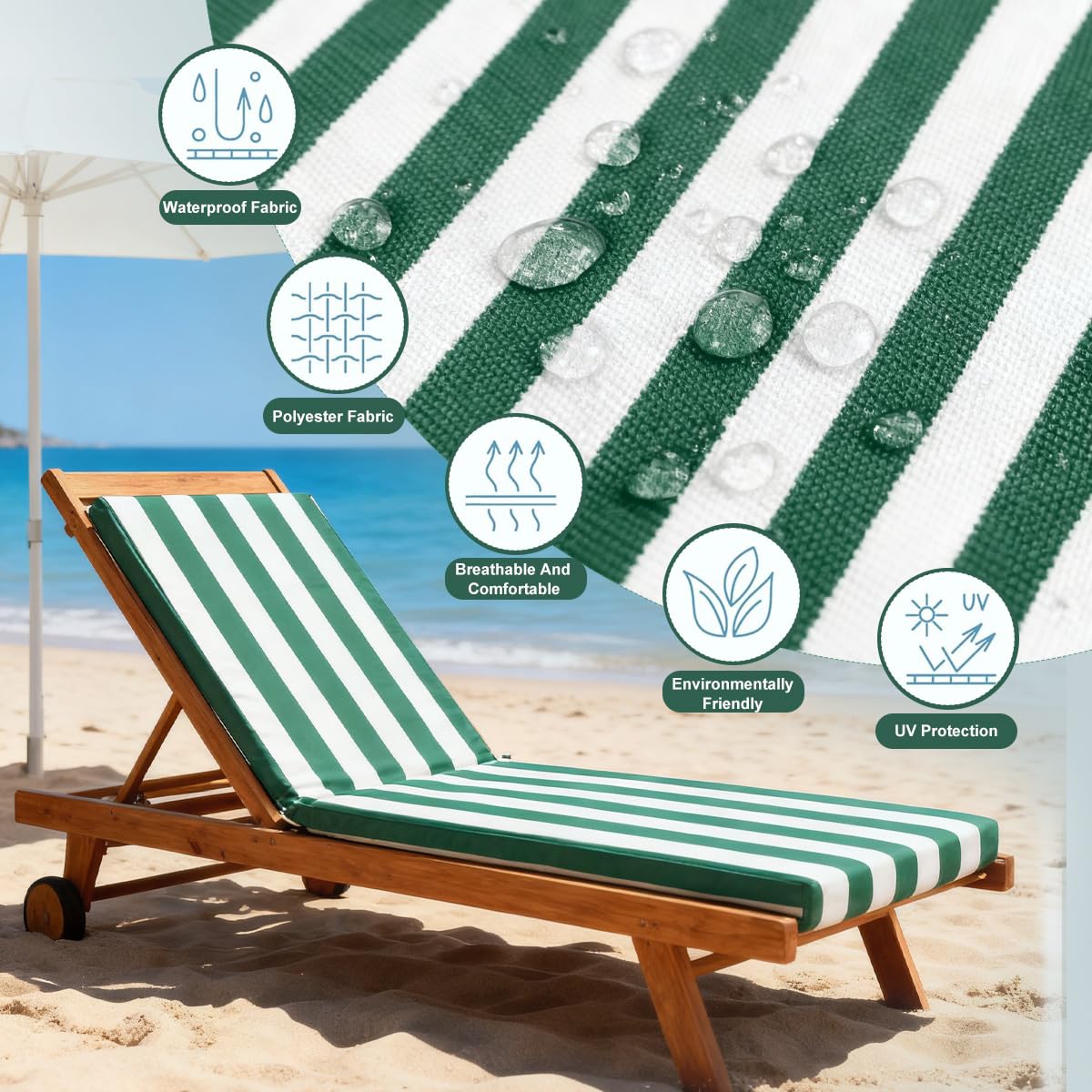 Materassino per lettino Prendisole da Giardino Impermeabile, Cuscino per lettino Prendisole Imbottito in Poliestere Anti-UV, Fondo Antiscivolo con 4 Lacci, Pieghevole, Lavabile,Dark green,178x59x10cm