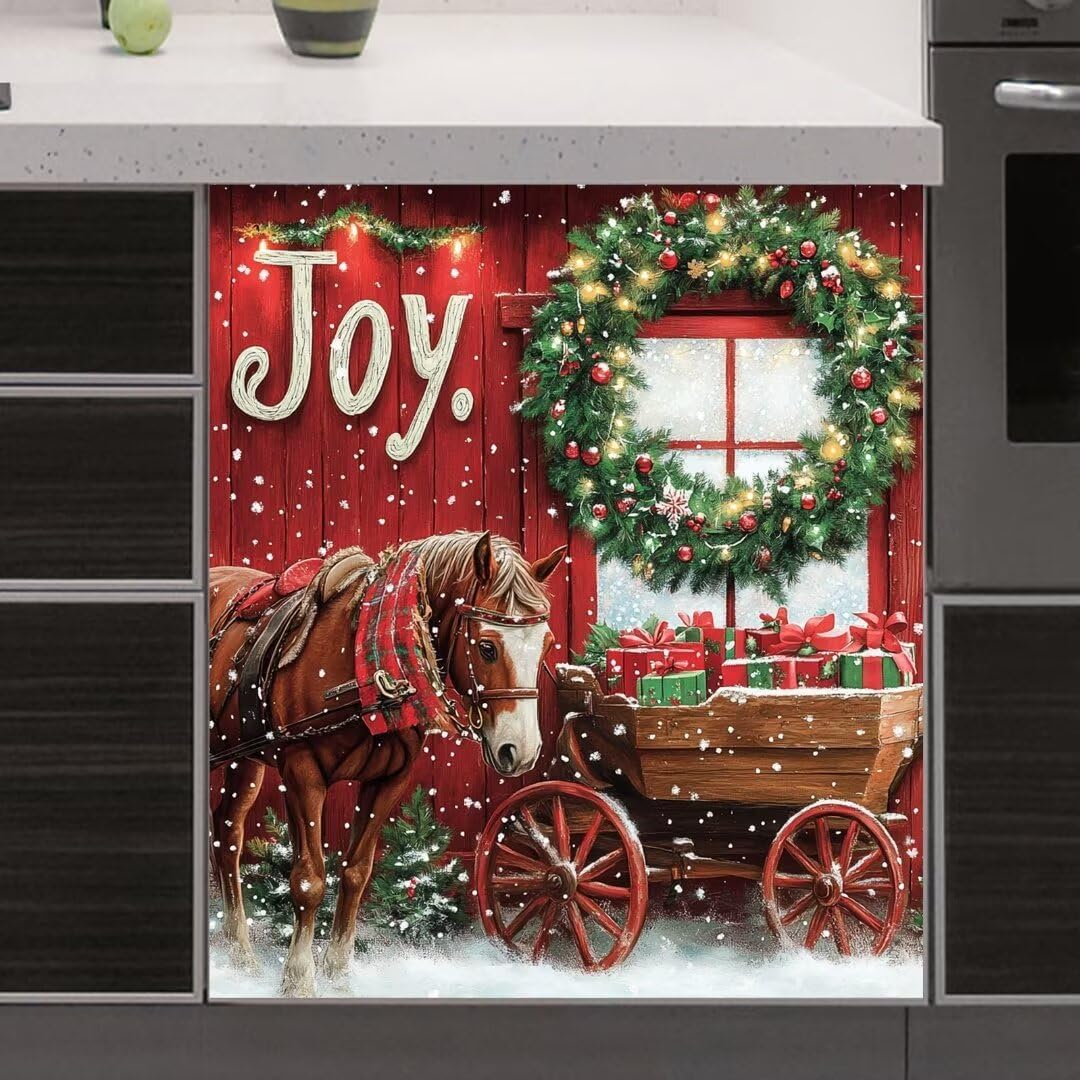Christmas Dogs Kitchen Decoration Magnetic Dishwasher Door Panel Decal, Farm Red Truck Dishwasher Magnetic Sticker, Winter Snow Magnet Dishwasher Front Cover, 23" x 26" Magnetic