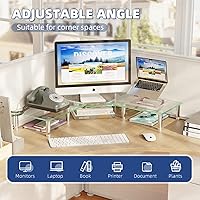 Vista 3 de Simple Trending Dual Monitor Stand Riser, Computer Office Desktop Organizer for 2 Monitors with Tempered Glass, Adjustable Length and Angle Stand
