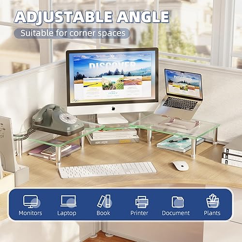 Miniatura 3 de Simple Trending Soporte elevador de monitor doble, organizador de escritorio de oficina para computadora para 2 monitores con vidrio templado,