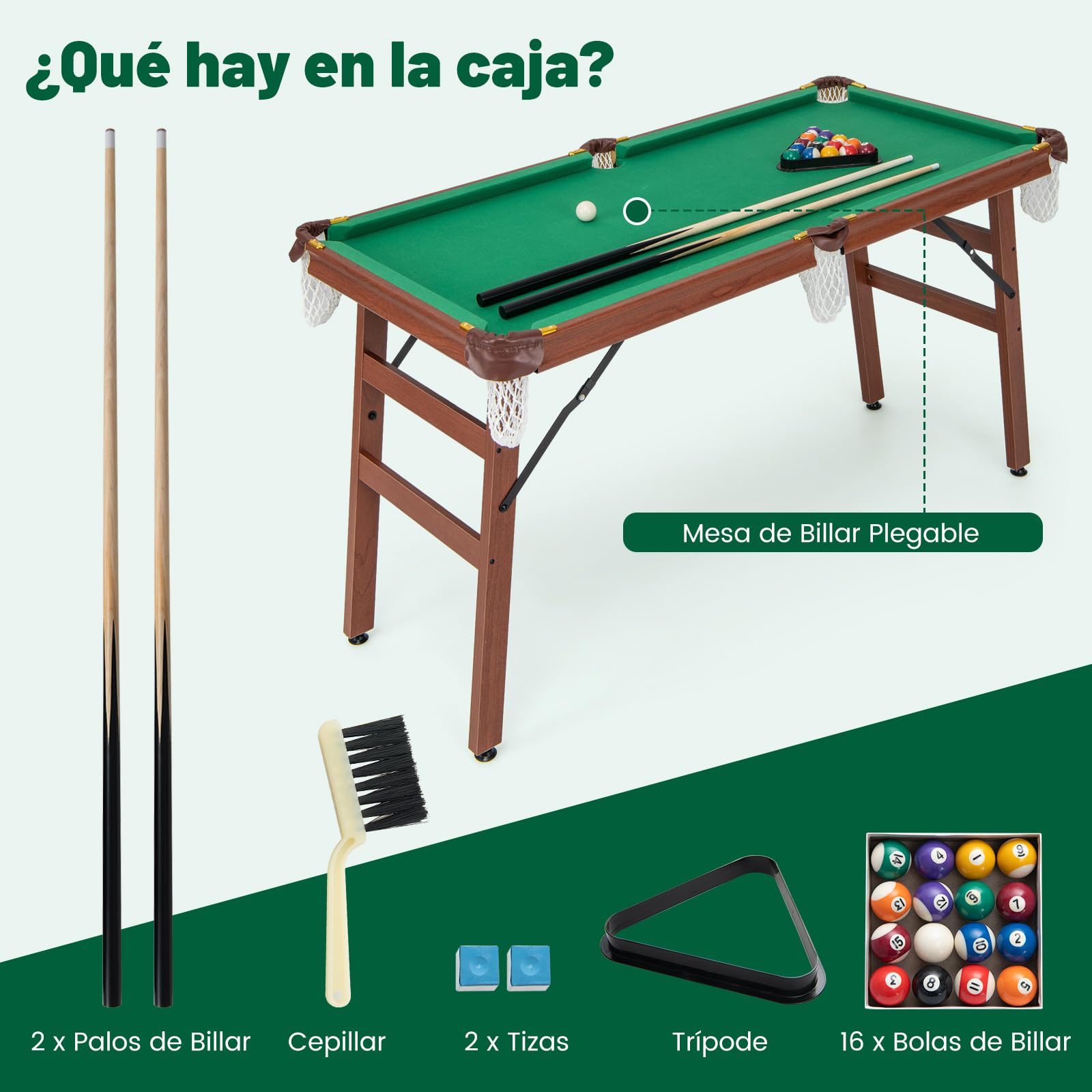 COSTWAY Mesa de Billar Plegable Portátil con 16 Bolas,138 x 67 x 79,5 cm, Niveladores de Pies Ajustables, Esquinas Protegidas de Cuero, 2 Tacos, 2 Tizas, Triángulo, Cepillo，Mini Mesa de Billar