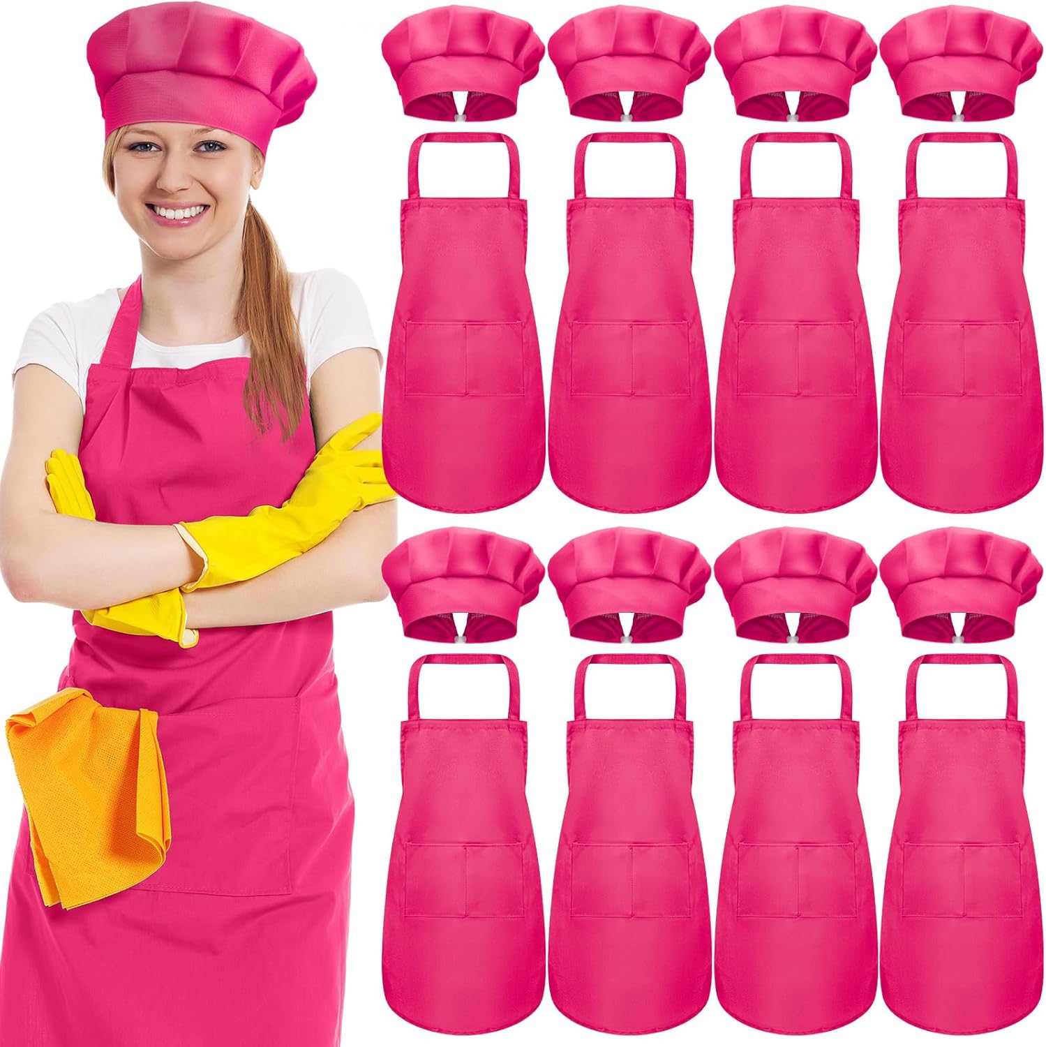 SATINIOR 8 Sets Apron Chef Hat Set Adjustable Chef Hat and Apron with Pockets Set for Adult Women Men Cook