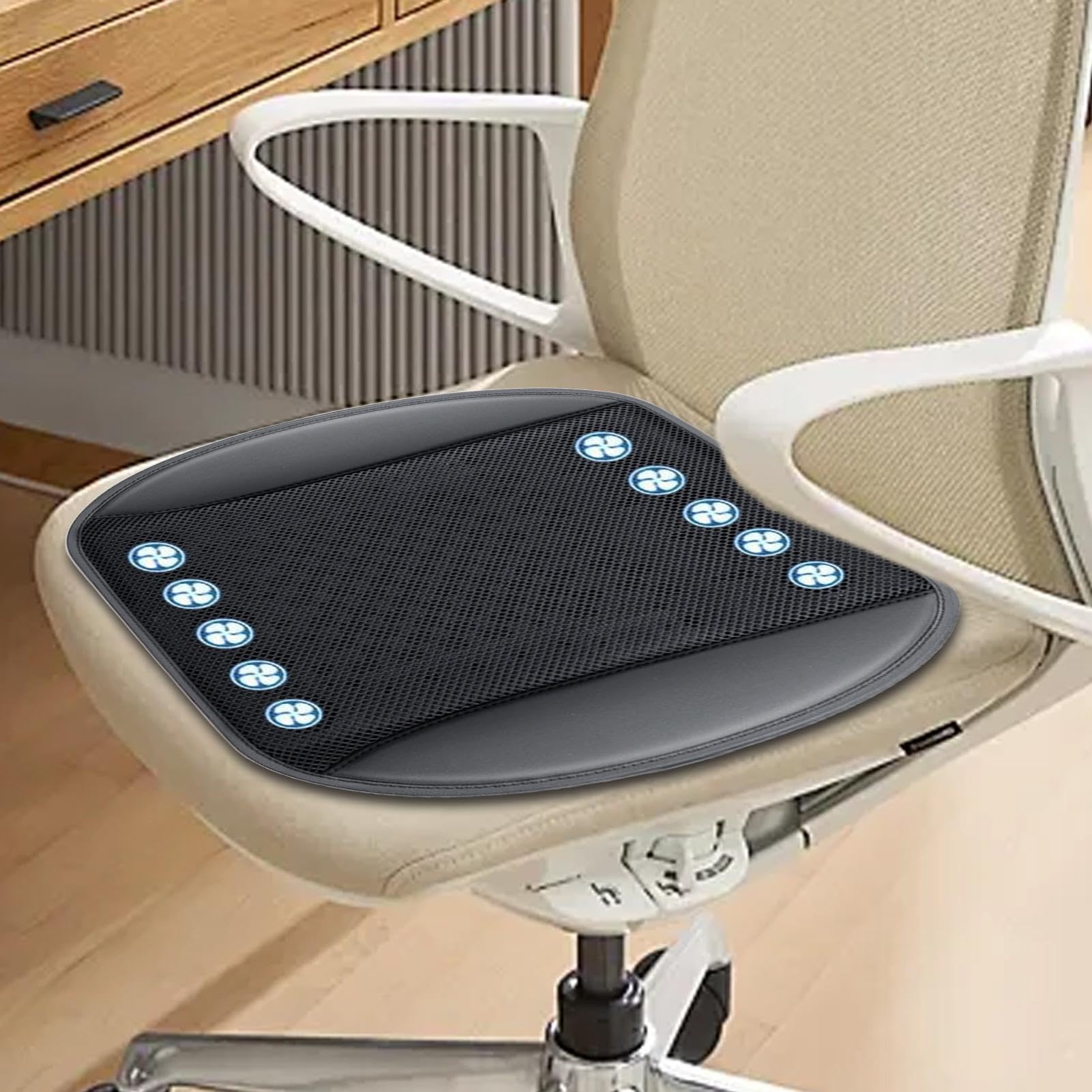 Cuscino per auto con ventilatore, flusso d'aria, traspirante, con ventilatore, pendolare, campeggio, viaggi in città, escursioni, SUV e camper