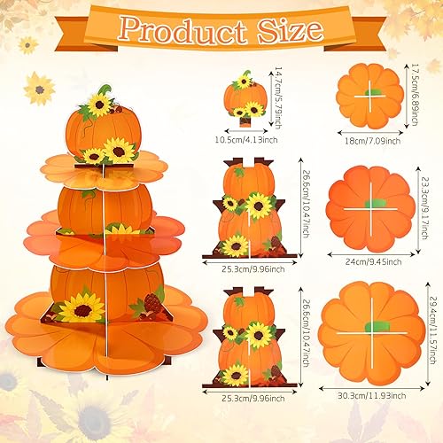 Miniatura 2 de Zopeal Soporte para cupcakes de calabaza de otoño de 3 niveles, soporte de cartón escalonado para tartas naranjas, soporte para postres florales de