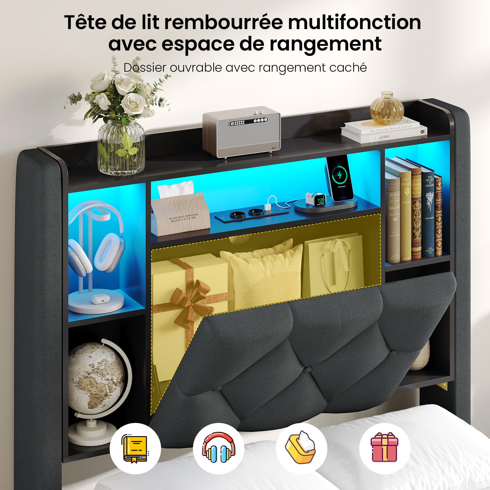 Brinlawb Lit Coffre 90x190 cm avec Éclairage LED et Multiprise, Tête de Lit Capitonnée avec Rangement Caché et Étagères Ouvertes, Lit 90x190 avec Sommier, Système Hydraulique, Lit 1 Personne, Gris
