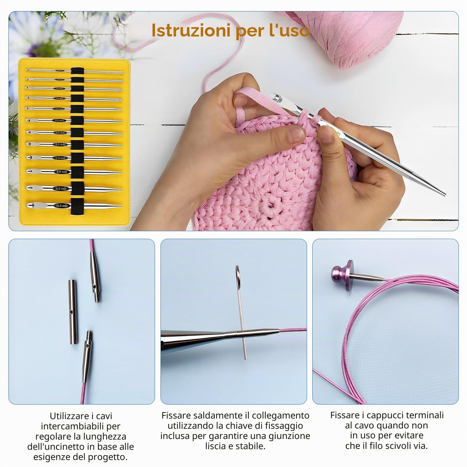 Set Uncinetti Tunisini con Cavo, 26 Pezzi, 3–10 mm | Uncinetti Intercambiabili da 15,2 cm in Alluminio Nichelato, Ergonomici, con Borsa di Conservazione, per Principianti