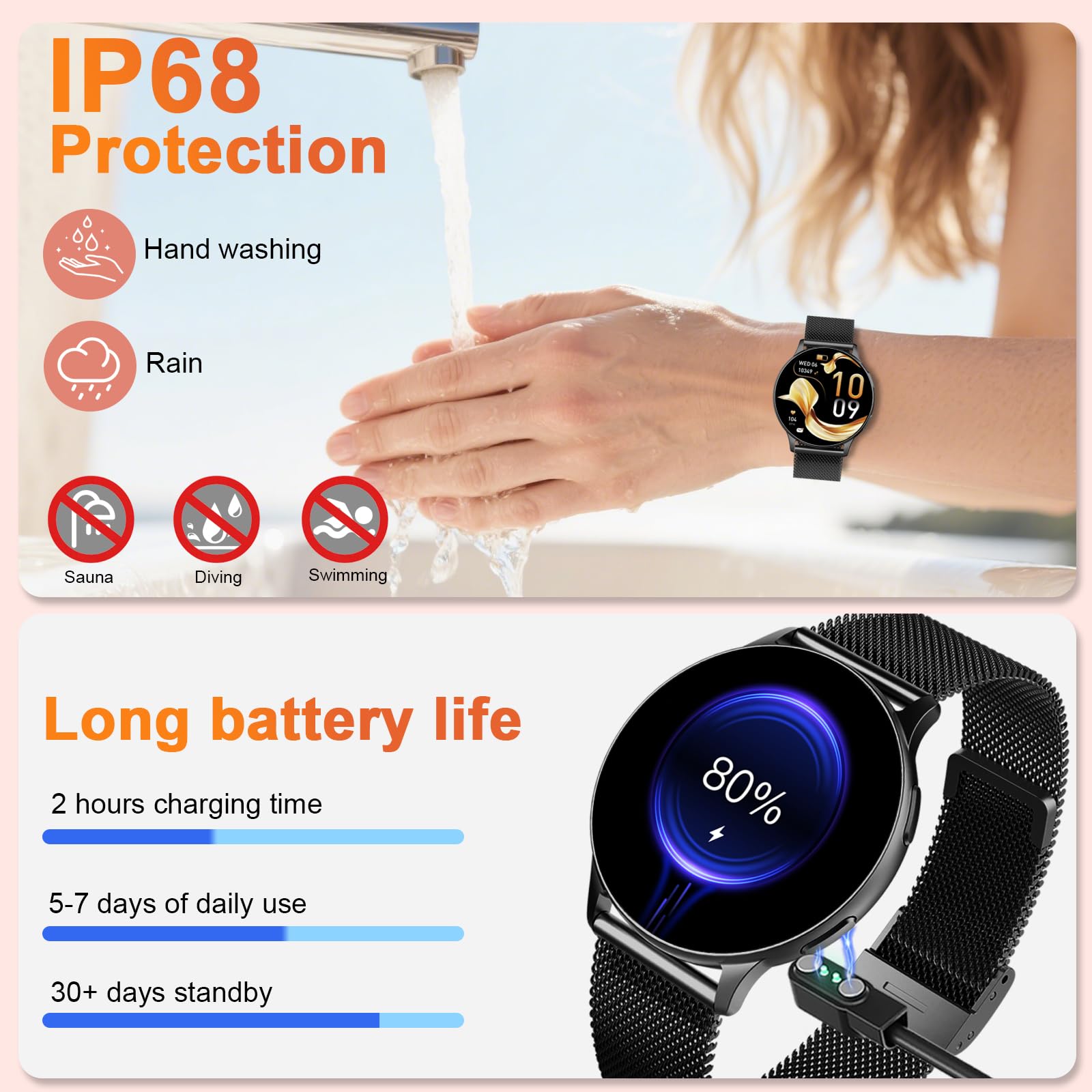 Smartwatch Rund Herren, 120+Sportmodi Sportuhr Damen IP68 Wasserdicht Paare