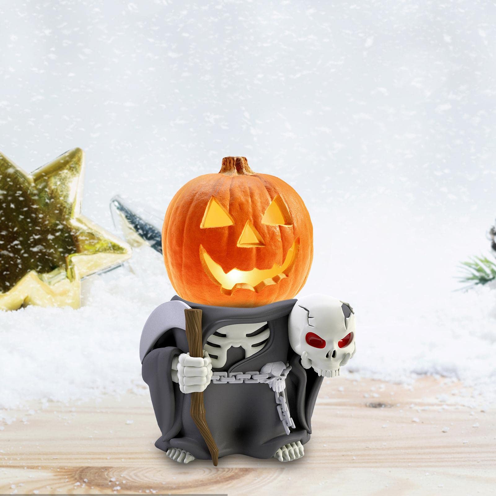 Czarujące dekoracje ogrodowe z bajki na Halloween z figurkami małych dyniowych rycerzy i ozdobami LED na choinkę