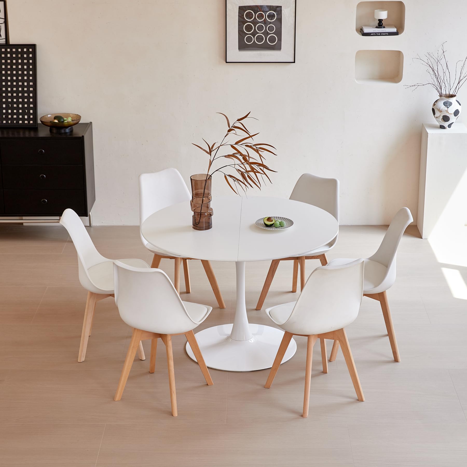 Mesa de Comedor Redonda y 6 Sillas Comedor Apto para Comedor, Cocina, Salón, Oficina, Café, 6 Sillas Blancas et Table à Manger Blanche (Diámetro: 110cm, Altura : 75cm)