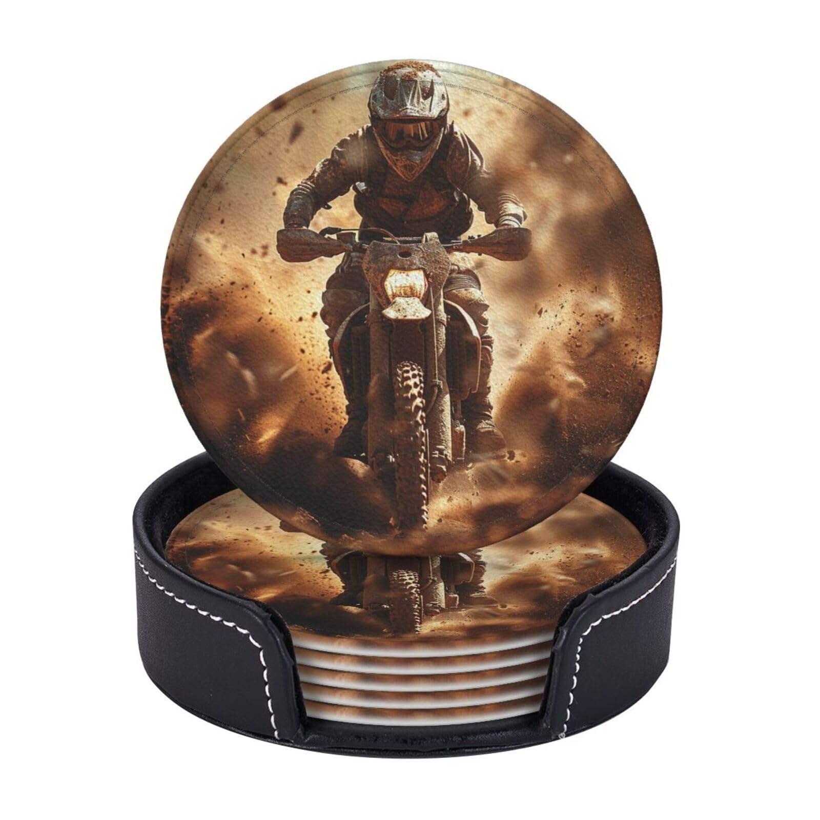 Drink Coasters Set of 6 Coffee Leather Coaster with Holder Motocross Coasters for Drinks Coffee Cup Mat Heat Resistant Tabletop Protection Coaster Desk Accessorie Home Decorative