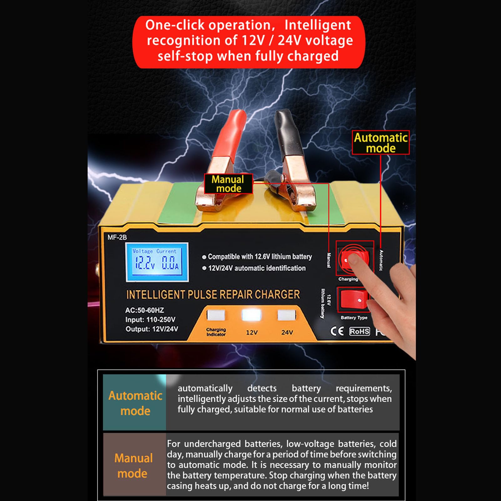 Jeffergarden Caricabatteria per Auto 12V 24V 180W Caricatore Intelligente Automatico con Ricarica di Mantenimento per Mantenitore di Batteria per Moto SUV per Camion per Auto (Spina europea)