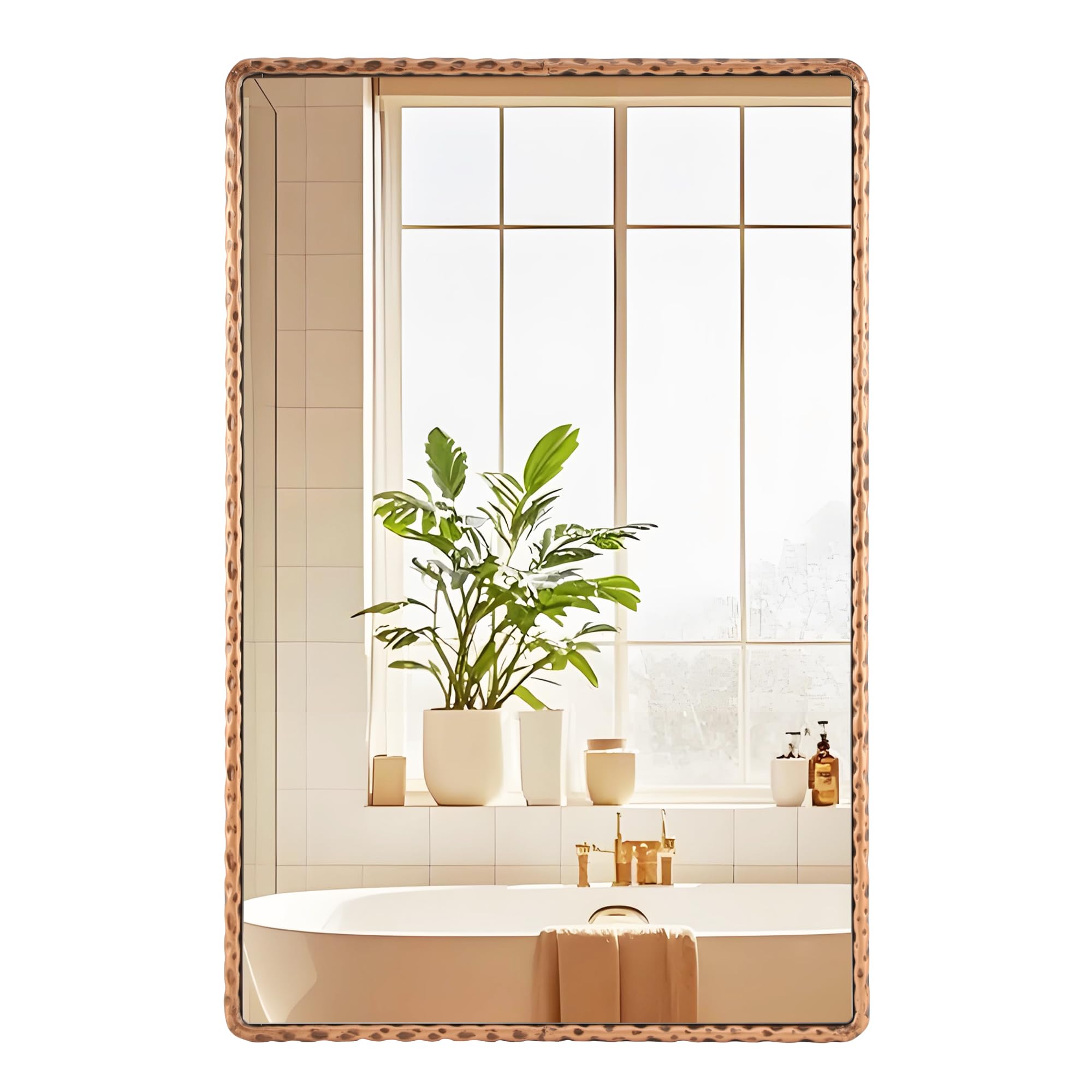 rectangle bathroom mirror with rounded corner-aged copper finish hammered metal frame large wall mirrors decorative,ornate mirrors for wall,hangs horizontally or vertically, 24x36 inches