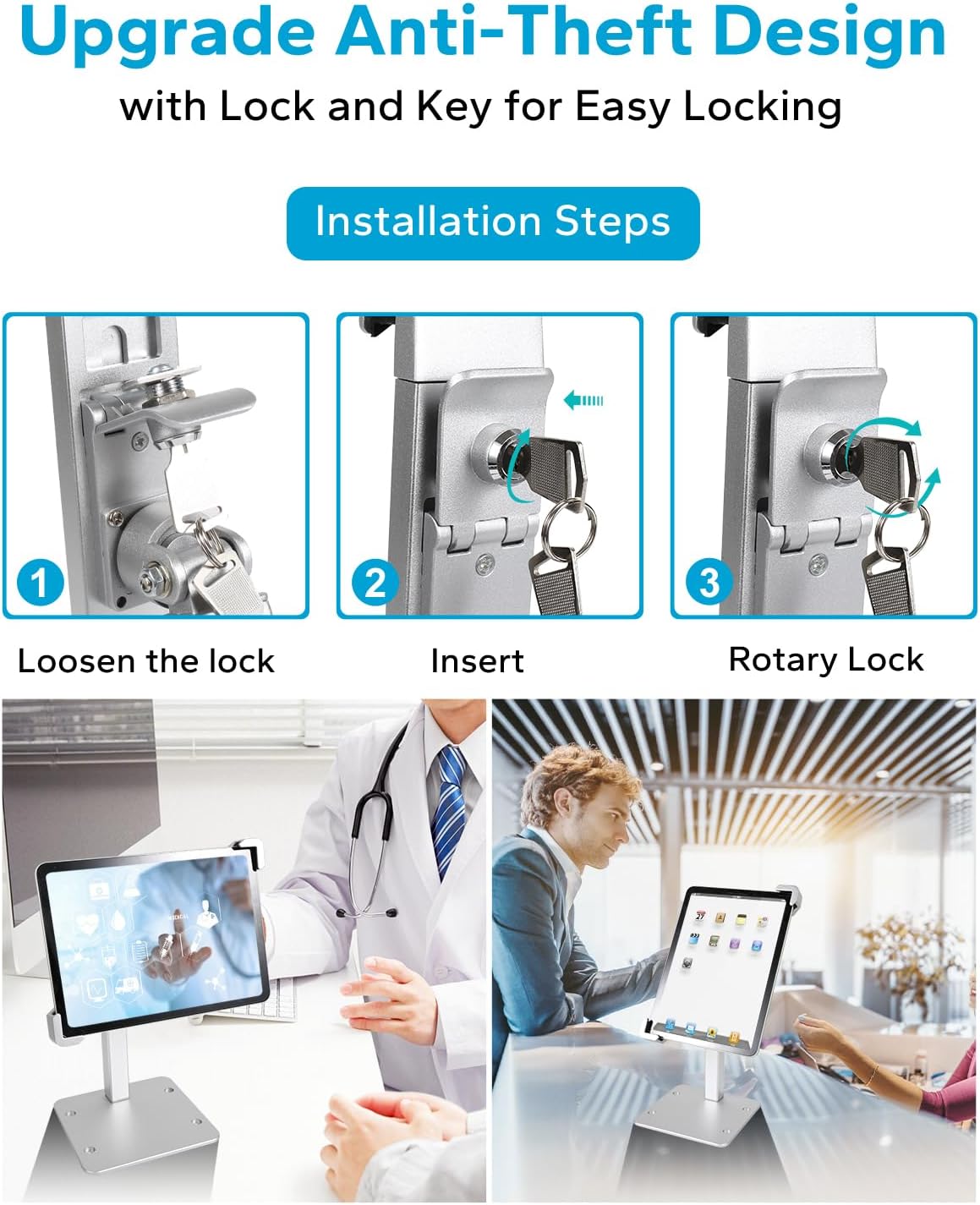 GDZN Anti-Theft Tablet Kiosk Stand with Lock, [Aluminum Arm] Desk Security POS Tablet Stand for Retail/Commercial/Trade Show, Heavy Duty Adjustable iPad Mount for iPad Pro, Galaxy tab, 9-14" Devices