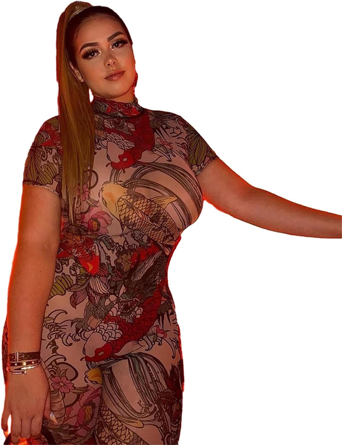 Summer Sexy Jumpsuits for Women Print Short Sleeve Back Hollow Out Bodycon Jumpsuit Mesh Club Outfits Trendy - Image 2