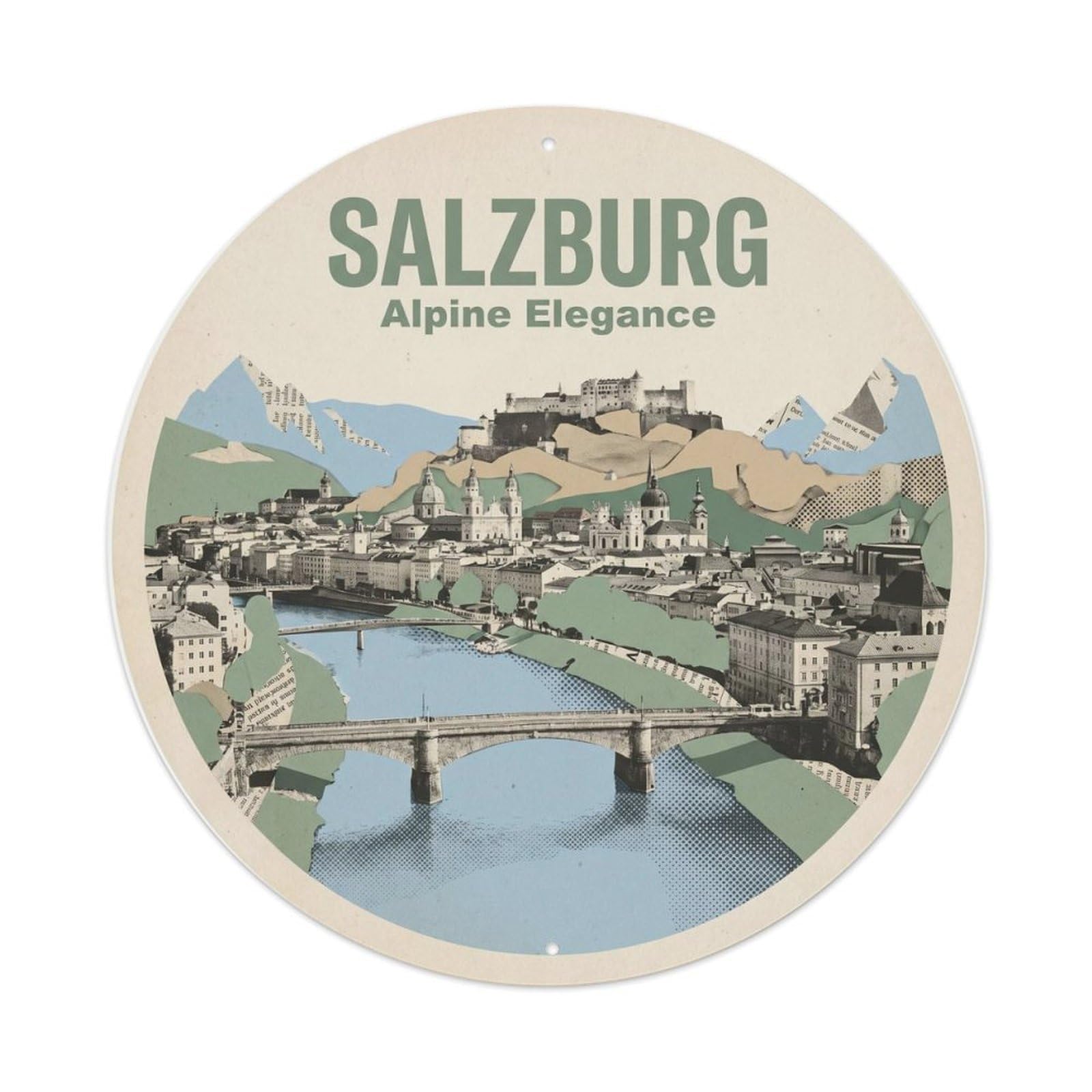 Salzburg Austria Alpine Classic Travel Route Cityscape Metal Tin Sign Plaque Wall Decor for Cafe, Man Cave, Club Bar, Office, Home Garden Round Metal Poster 8x8Inch