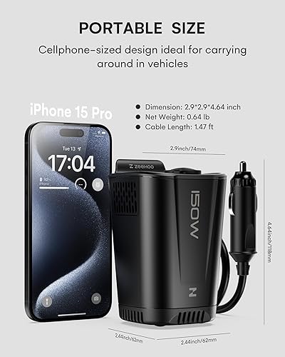 Miniatura 6 de Inversor de corriente para automóvil de 150 W, 12 V CC a 110 V CA Adaptador de enchufe de automóvil, convertidor de tomacorriente, con 2 salidas de