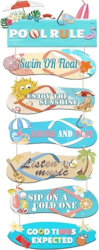 YEXEXINM Paquete de 7 letreros de madera con reglas de la piscina, 40 x 11.8 pulgadas, decoración de piscina al aire libre, pantuflas de verano para
