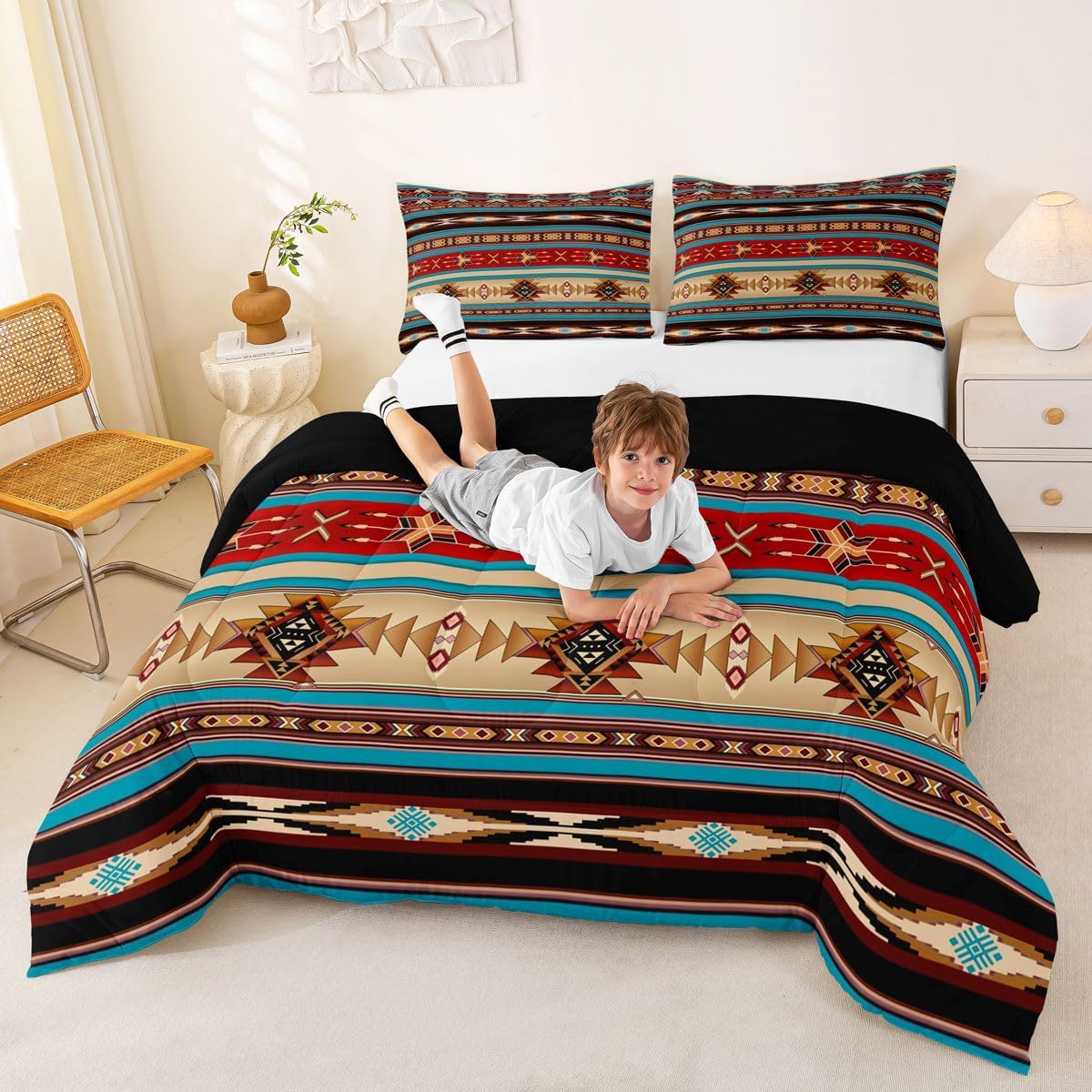 Aztec Quilt Ethnic Tribal Arrow Comforter Set,Retro Southwest Native Bohemian Bedding Set King,Western Star Geometric Sriped Duvet Insert African Tribe Exotic Nordic Style Boho Decor,Red Blue Brown