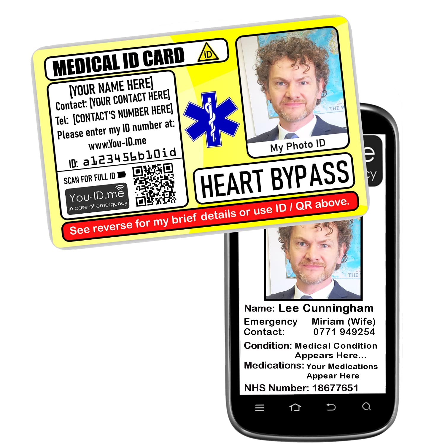 Medical Card, Photo ID, Emergency Alert Card, Customise with Name, Contacts, Number, Condition, Photograph, Works with You ID Me (Heart Bypass)