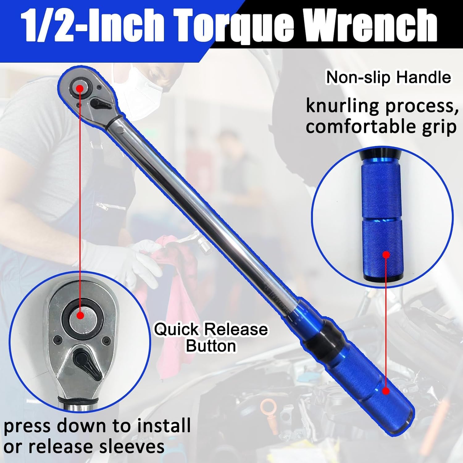 1/2-Inch Drive Click Torque Wrench, 20-210 N.m, 72-Tooth Dual-Direction Adjustable Torque Wrench with ±3% High Precision for Bicycle, Motorcycle, Car and Truck Maintenance
