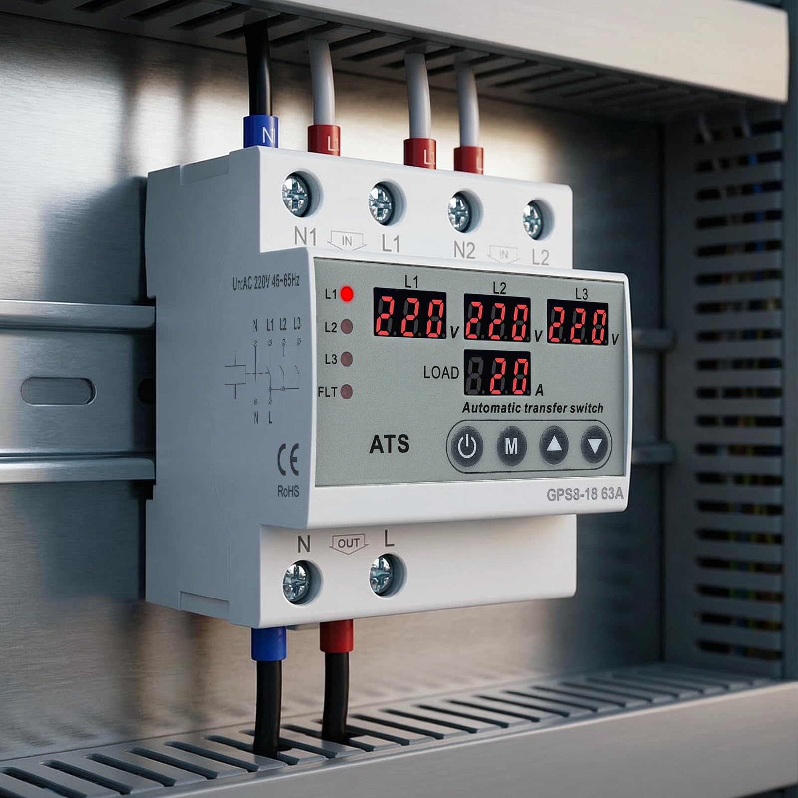 Interruttore di Trasferimento Automatico Trifase AC220V Commutatore 3 Posizioni Display Digitale LED Protezione da Sovratensione Sottotensione Sovracorrente per generatori fotovoltaici di rete GPS8-18