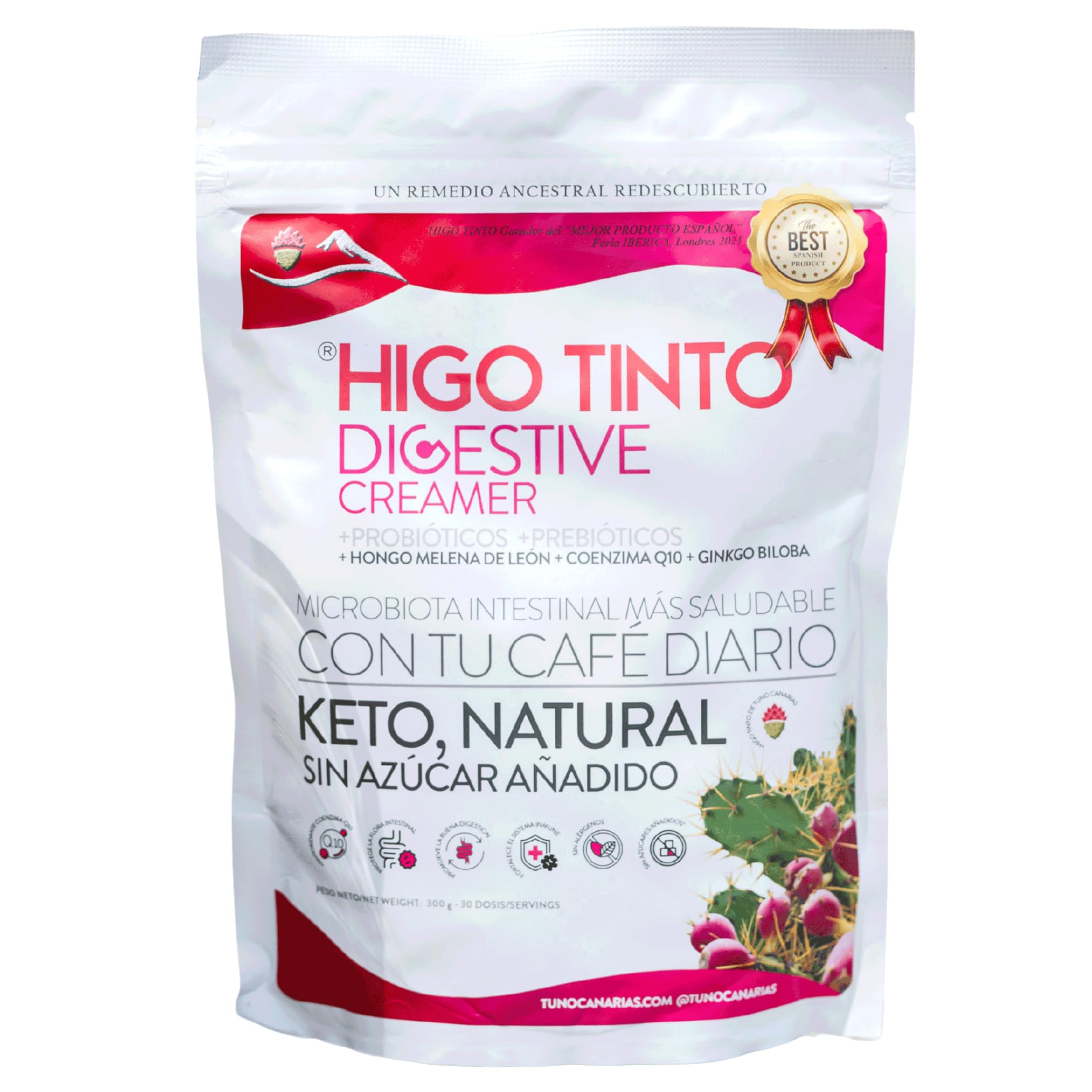 Digestive Creamer Bio Mejora la digestión y el bienestar – Probióticos + Prebióticos + Coenzima Q10 + Hongos funcionales – 300 g – Ideal para café – Sin azúcar – Con HIGO TINTO de Tuno Canarias