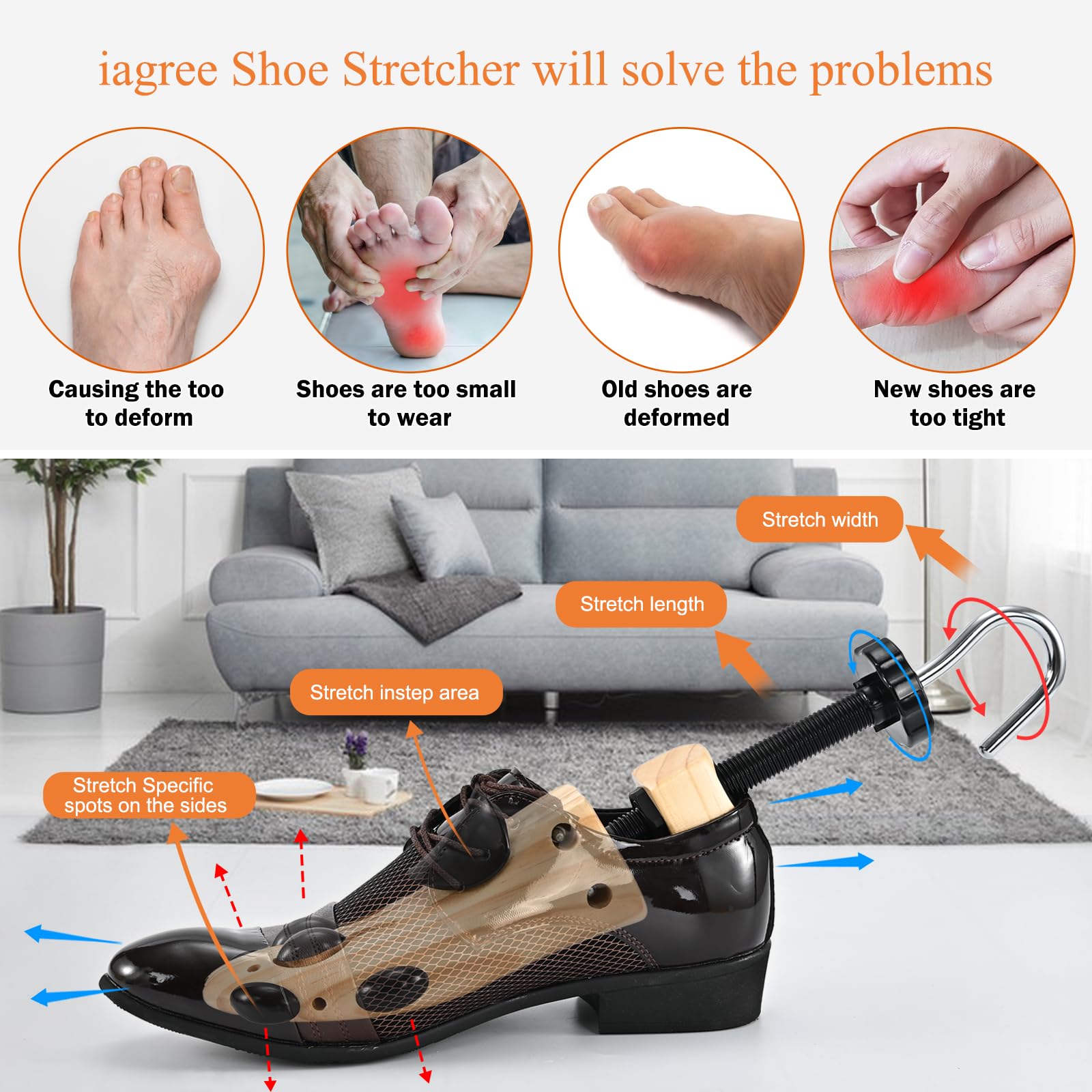 JJDPARTS - Varilla de zapatos de madera, par expansor de zapatos de 4 vías, extensor de madera, patrón en espiral para mujeres y hombres