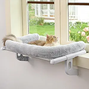 Cat Window Sill Perch with Large Bolster, Easy to Adjust & Assemble Cat Window Seat for Windowsill & Bedside, Pet Hammock Bed for Large Cats and Kittens (Grey, L)