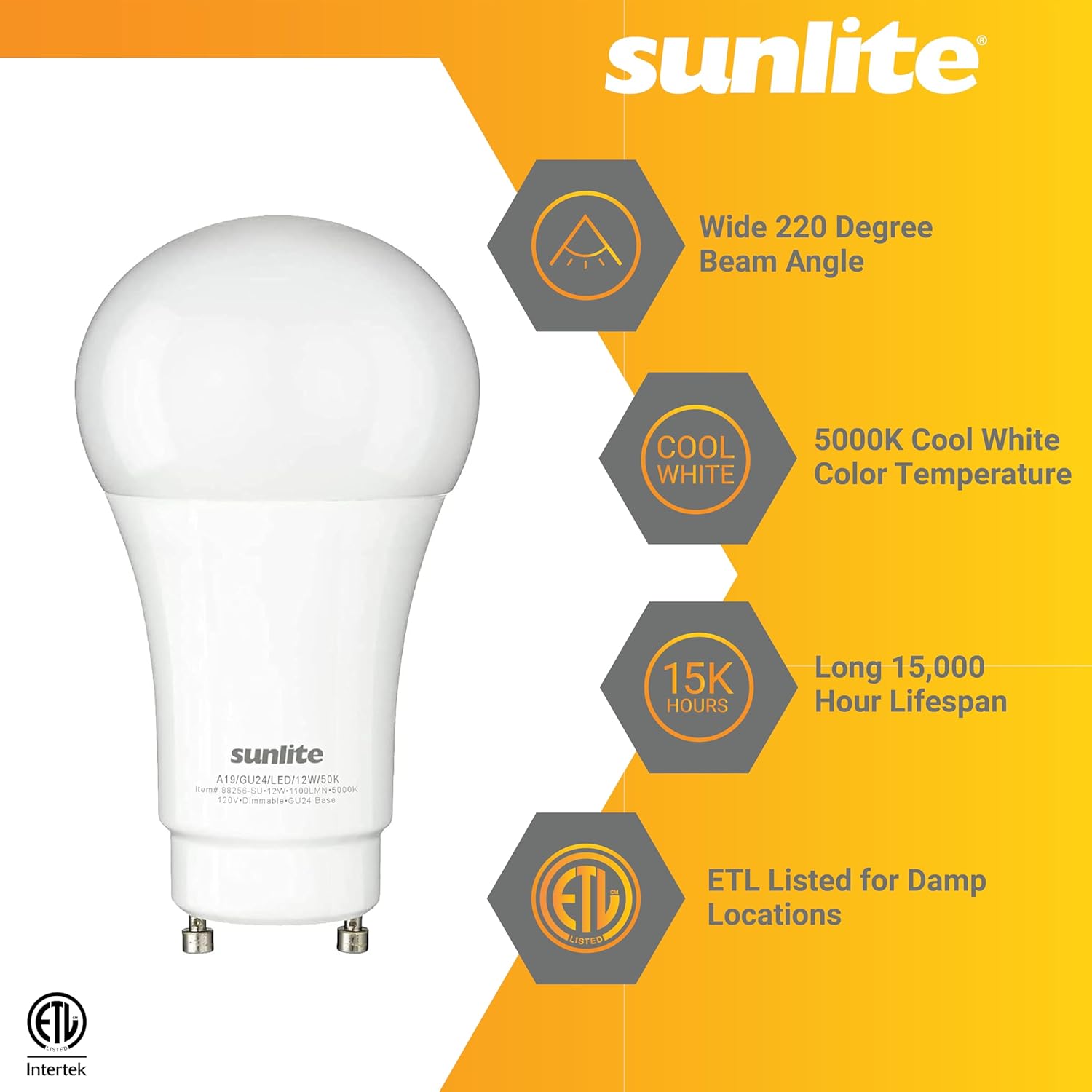Sunlite A19 GU24 Dimmable Light Bulb, 11 Watts (75W Equivalent) 1100 Lumens, 2 Prong LED Twist and Lock Base, ETL Listed, Rated for Enclosed Fixtures, 5000K Daylight, 6 Pack