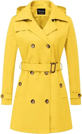  Women's Trench Coat Double-Breasted Classic Lapel Overcoat Belted Slim Outerwear Coat with Detachable Hood