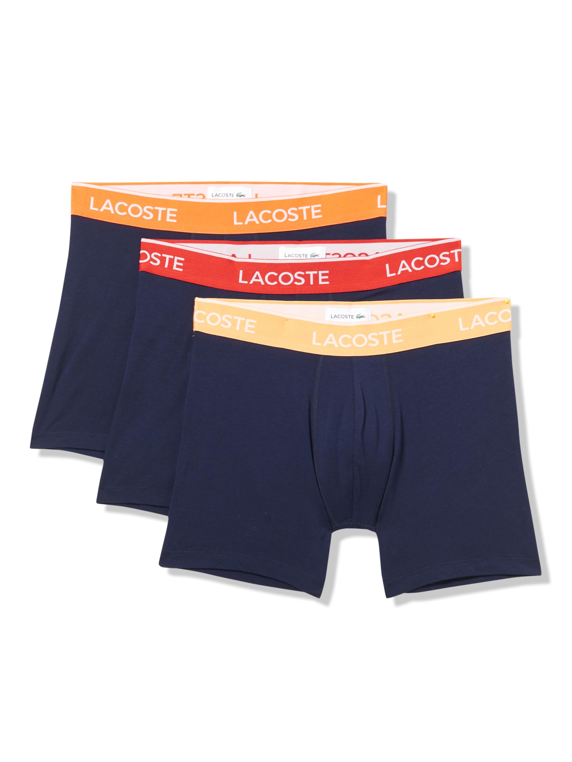 Lacoste Men's Cotton Stretch Essentials Boxer Briefs, 3-Pack, Navy Blue/Orange/Red, Medium
