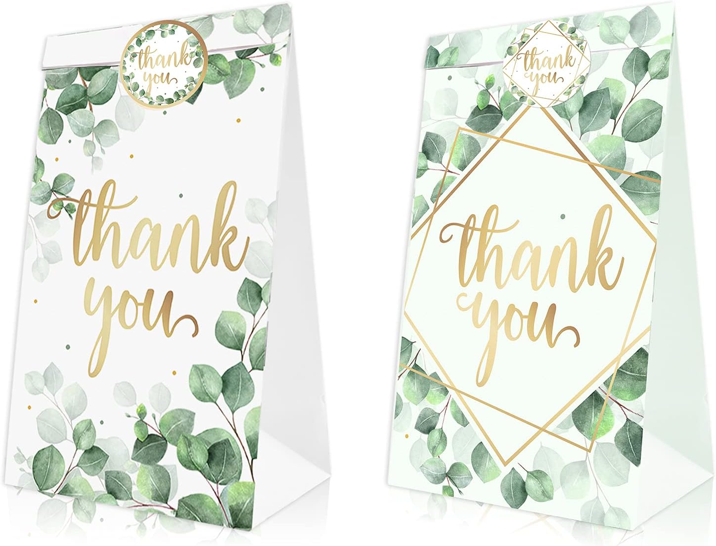 Levfla24Pack Eucalyptus Greenery Spring Thank You Candy Bags with Stickers Sage Green Goodie Bags Neutral Baby Shower Bridal Shower Gift Paper Sack B-day Party Favor Ideas Decoration
