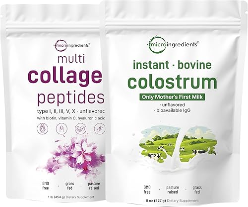 Micro Ingredients Polvo de proteína de colágeno múltiple de 16 onzas y polvo de calostro instantáneo paquete de 2 unidades Péptidos de colágeno
