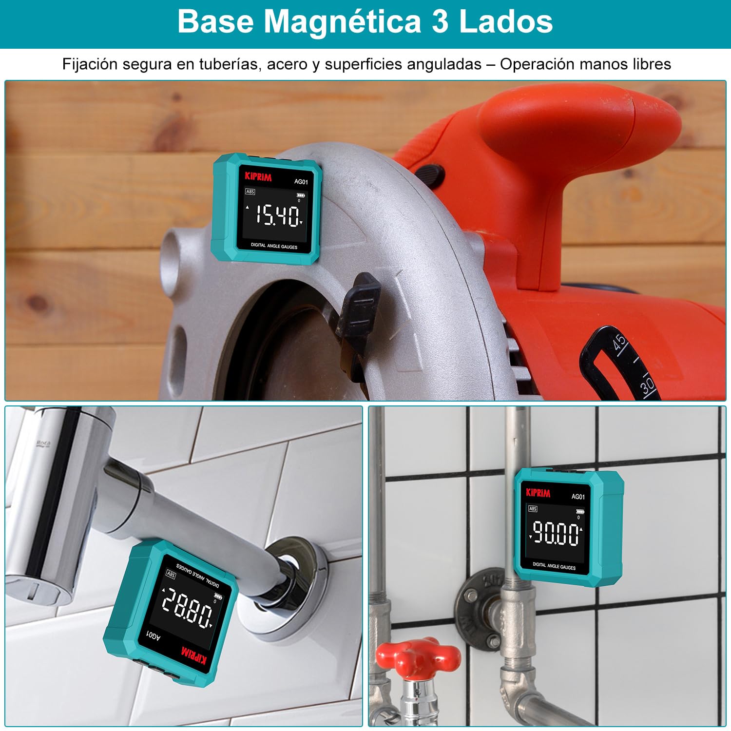 Kiprim Inclinómetro Digital 4x4 AG01 – Nivel Digital Magnética de 3 Lados, Retroiluminación LCD, Medición Absoluta/Relativa, Ideal para Trabajos de Madera, Construcción & Bricolaje