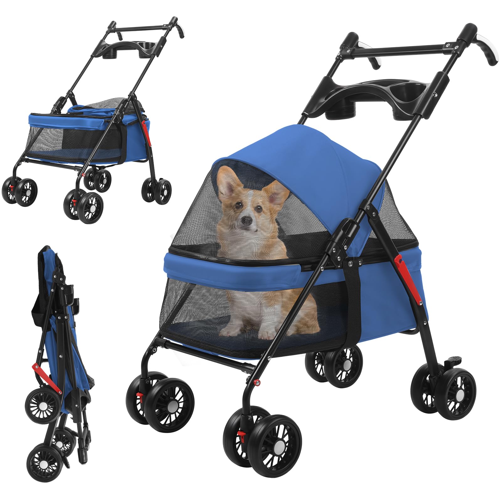 Pet Stroller for Dogs & Cats, Dog Pram, 4 Wheels Outdoor Travel Pet Folding Stroller, Visible Mesh, with Cup Holder, Rear Wheel Dual Brake, Breathable for Medium Small Dog (Blue, A)