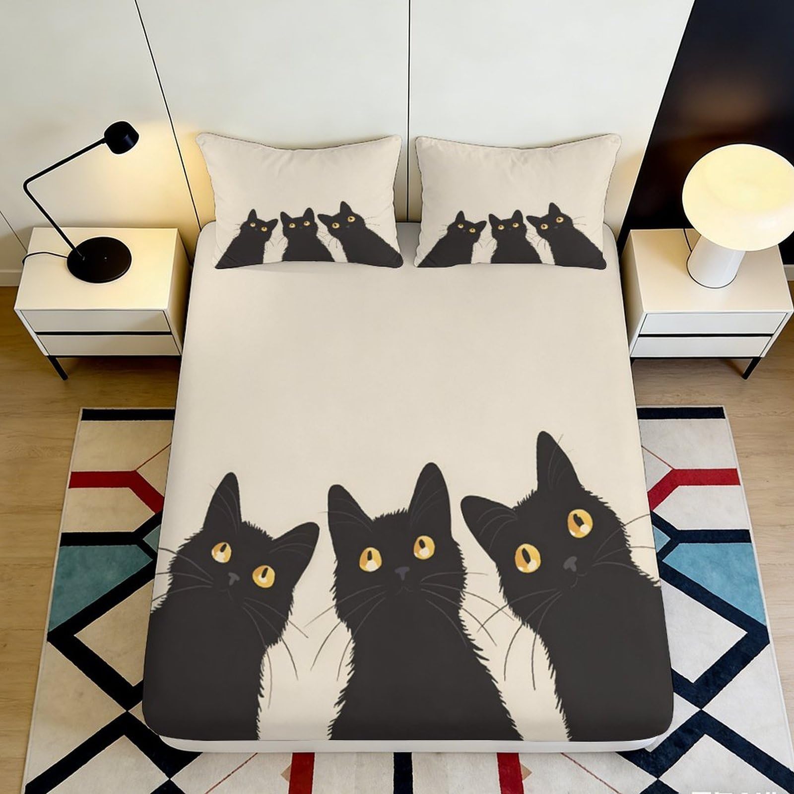 Uynsixtme Style-4 3D Printed Black Cat Fitted Sheet Soft Microfiber Bedroom Bedding Black Cat Mattress Fitted Cover Elastic Hem Deep Pocket Washable 200X200x25cm