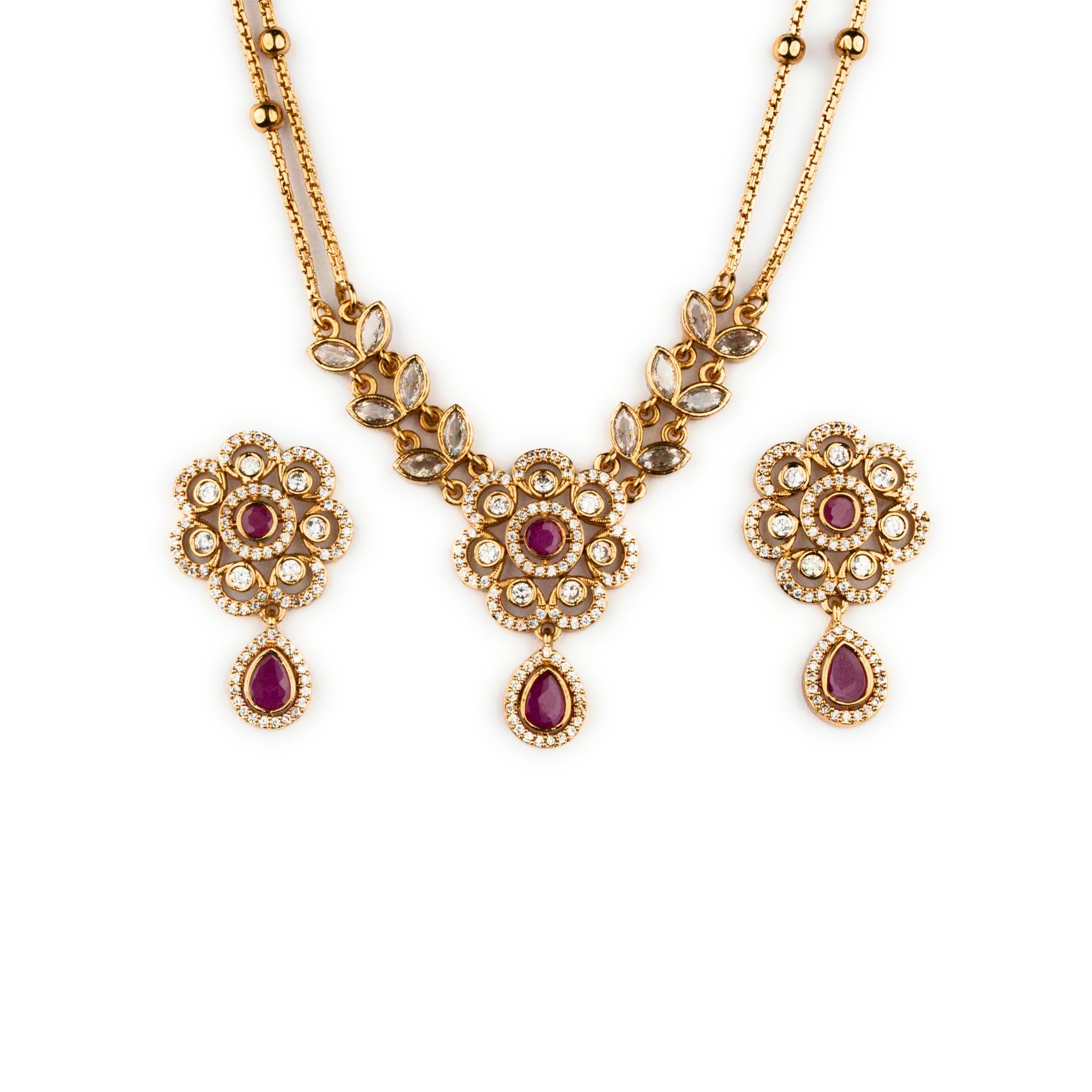 Traditional Temple Matte Gold Plated AD Two Layer Blossom Flower Long Necklace Jewellery Set-image-48