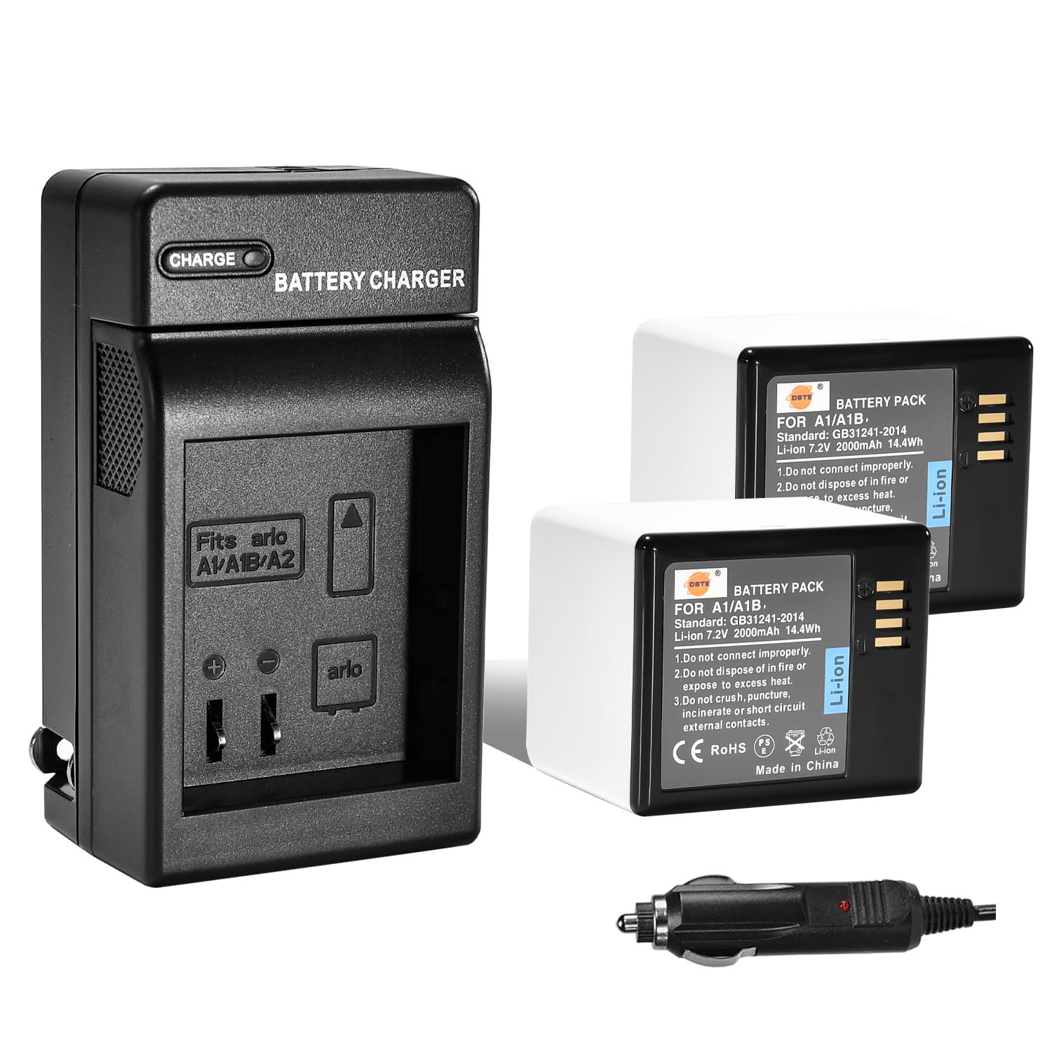 DSTE 2pcs A1 A1B Battery + DC173 Travel and Car Charger Adapter Compatible with Arlo pro Compatible Arlo pro 2 (VMA4400)