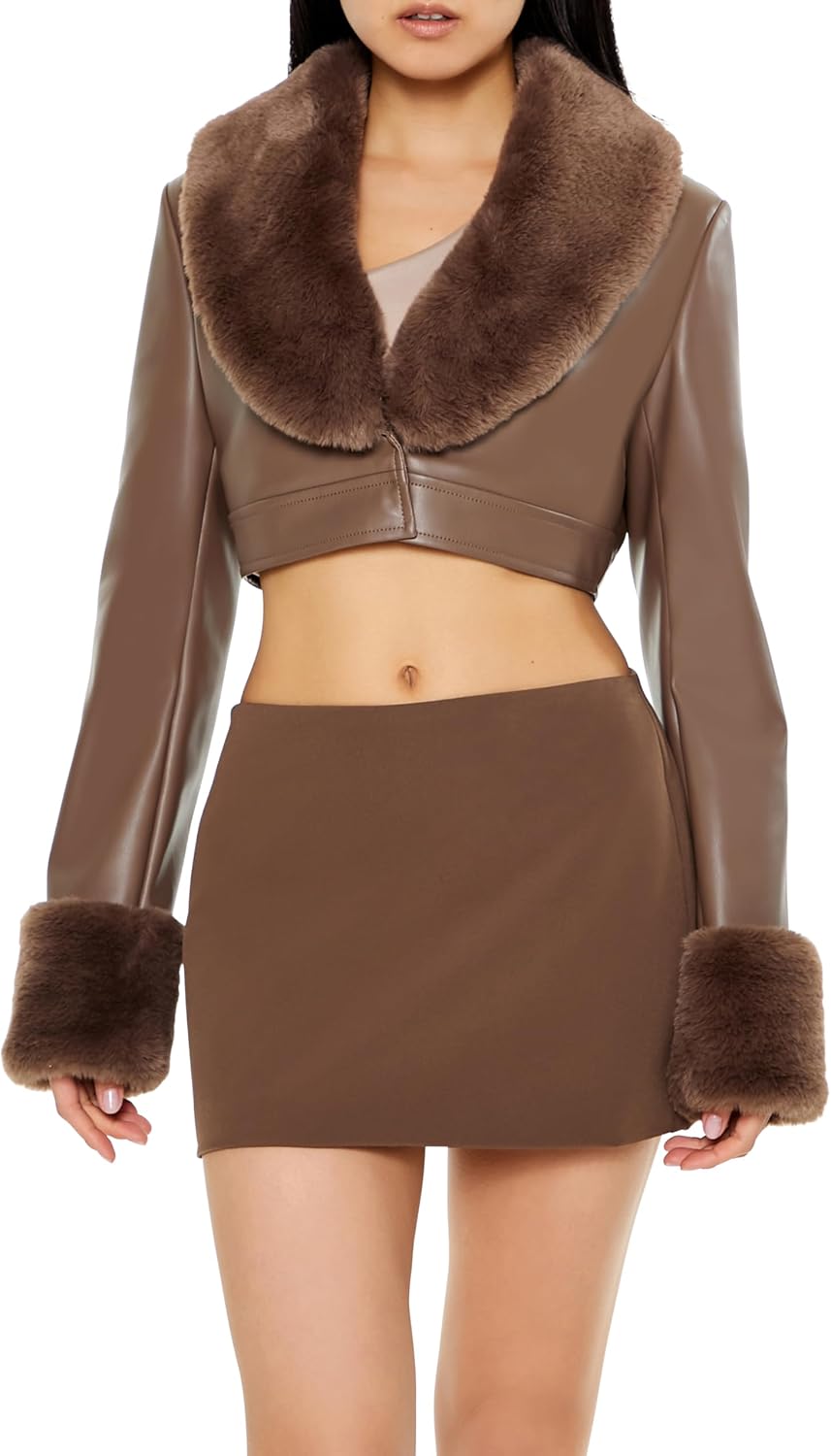 Forever 21 Women's Faux Leather & Fur Cropped Jacket