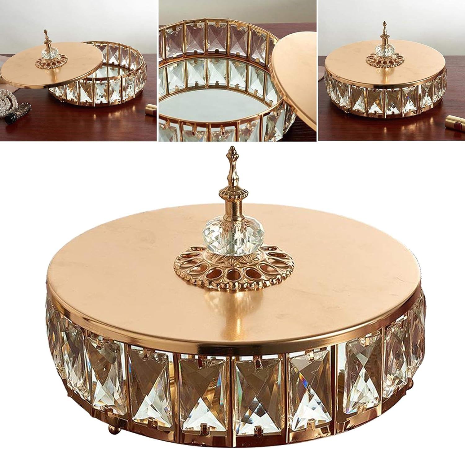 Golden Mirror Base Tray Crystal Vanity Tray Dresser Coffee Table Organizers Perfume Serving Display Decor for Jewelry - (Color: Gold)
