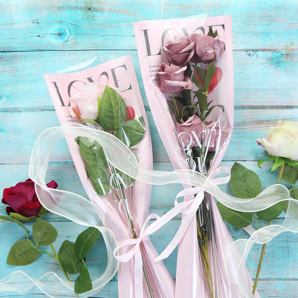Single Rose Sleeve,Single Bouquet Packaging Bags with 1 Roll Pink Edge Ribbon Plastic Pink with LOVE Printed Flower Bags for Wedding Anniversary Valentine's Day Mother's Day 15.7x5.5 inch - Image 4