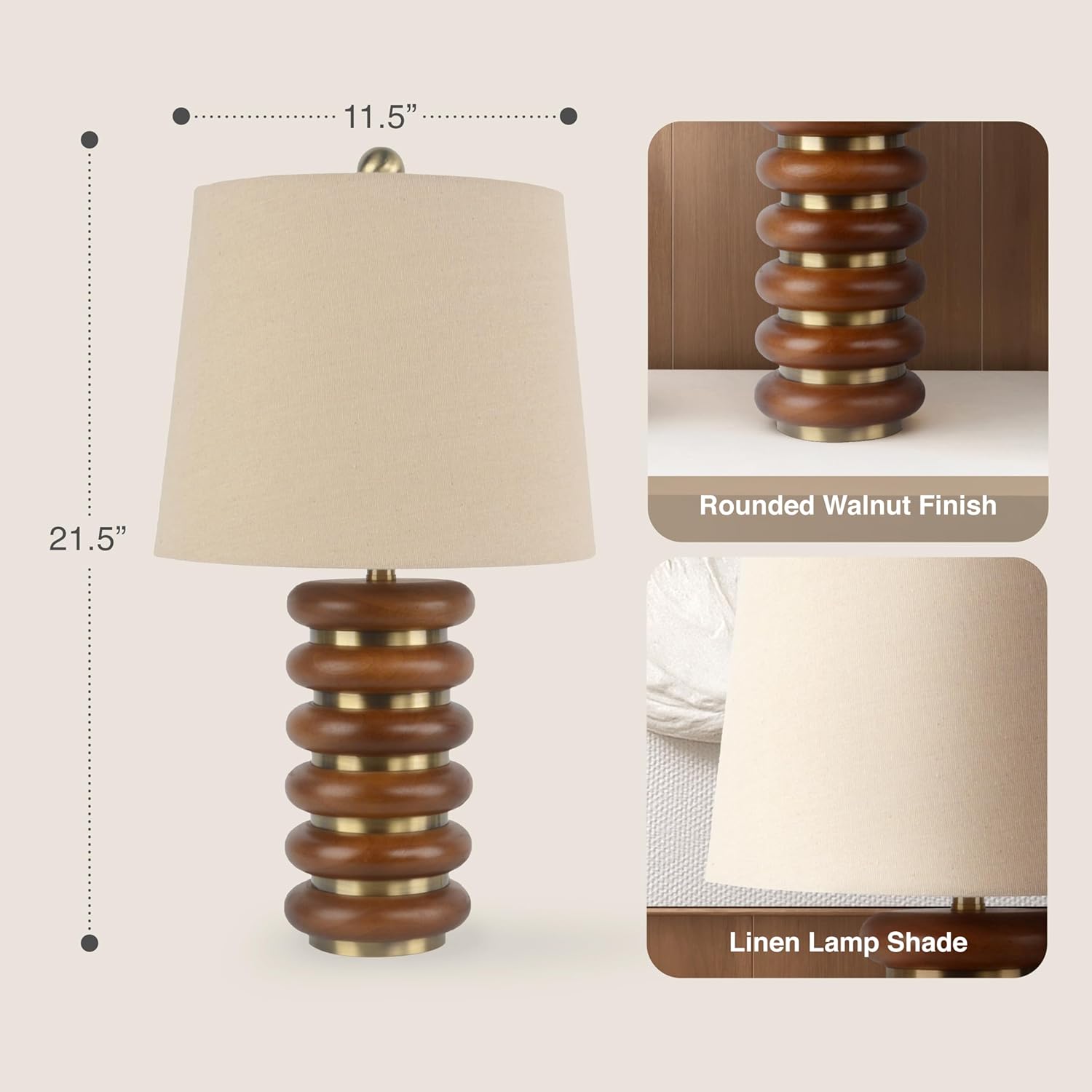 Abani Table Lamp Thalia Stacked Ring 21.5” – Mid-Century Modern Brown Wood Base with Wheat Linen Shade – E26 Bulb Included – Stylish Desk Lamp for Bedroom, Living Room, Dorm or Nightstand