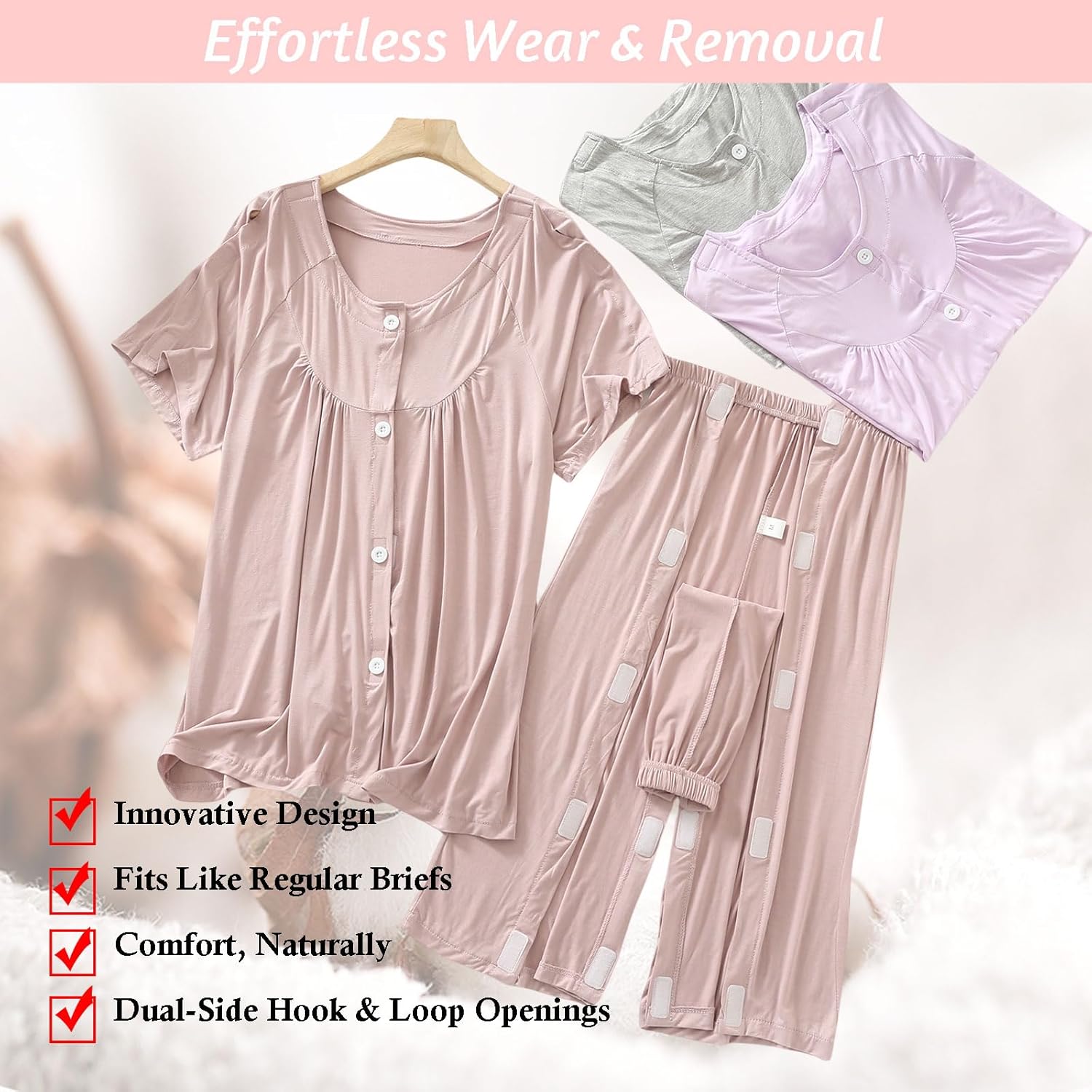 Tear Away Womens Surgery Recovery Outfit Modal Post Op Clothing for Bedridden Patients Comfortable Soft(Beige,L) - Image 3